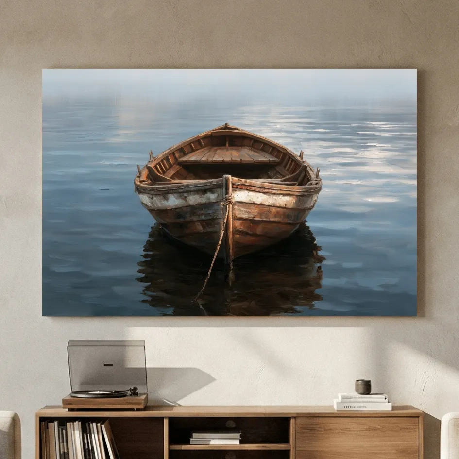 Rustic Wooden Rowboat Painting - Quiet Nautical Water Reflection Art