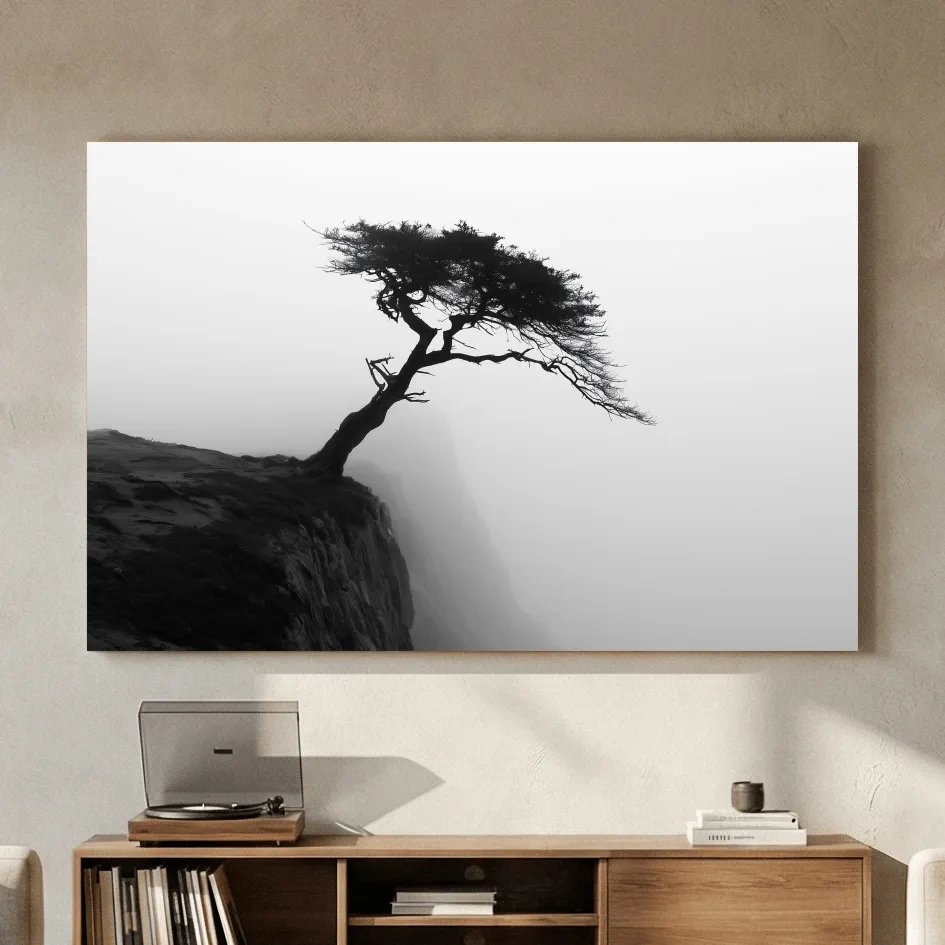 Misty Coastal Cypress Silhouette - Minimalist Photographic Wall Art