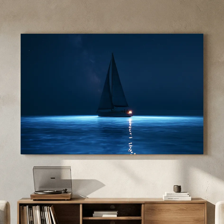 Moonlit Sailboat Silhouette - Surreal Photographic Ocean Wall Art