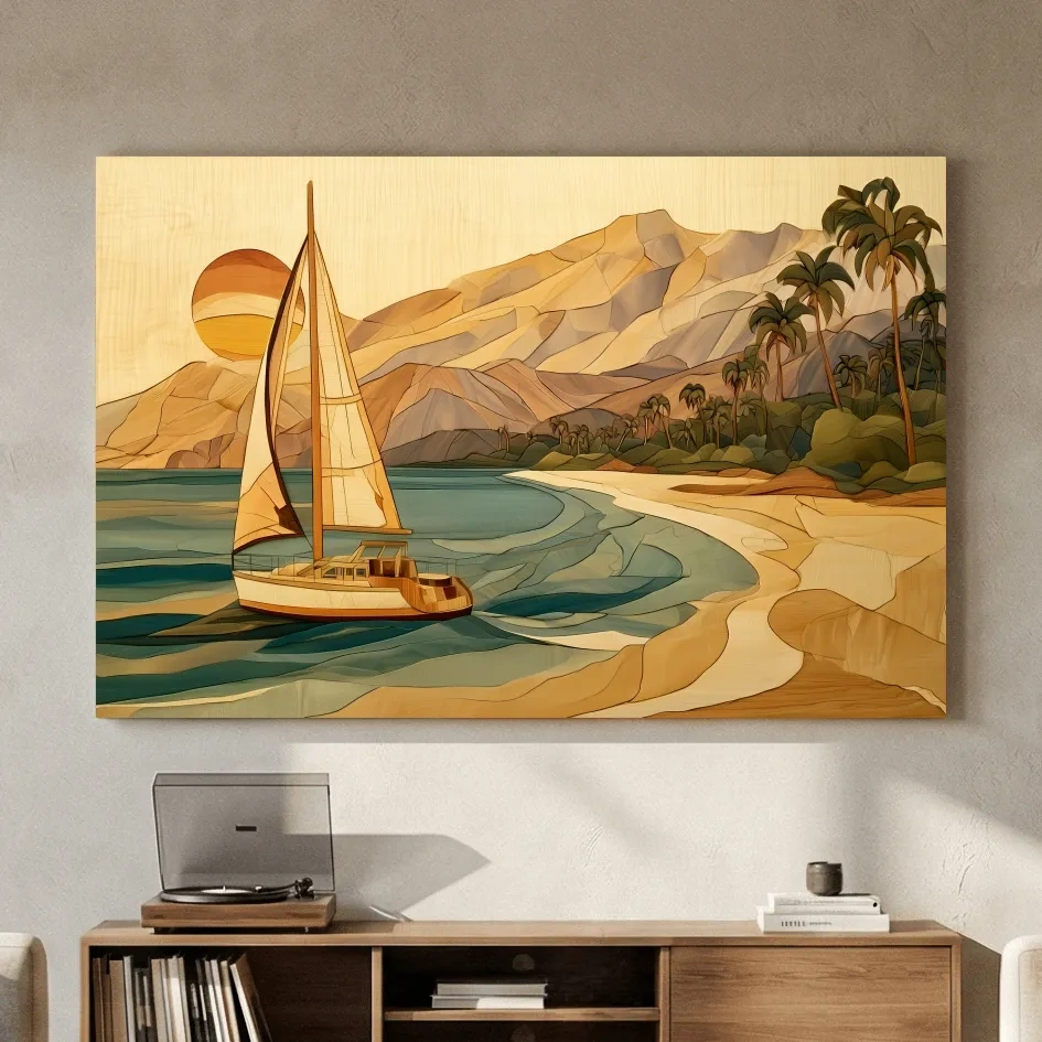 Wood Intarsia Sailboat Beach Scene - Coastal Wall Art