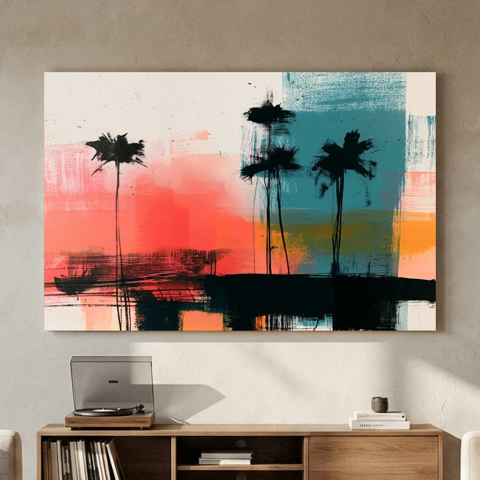 Abstract Tropical Palm Silhouette Painting - Modern Sunset Wall Art