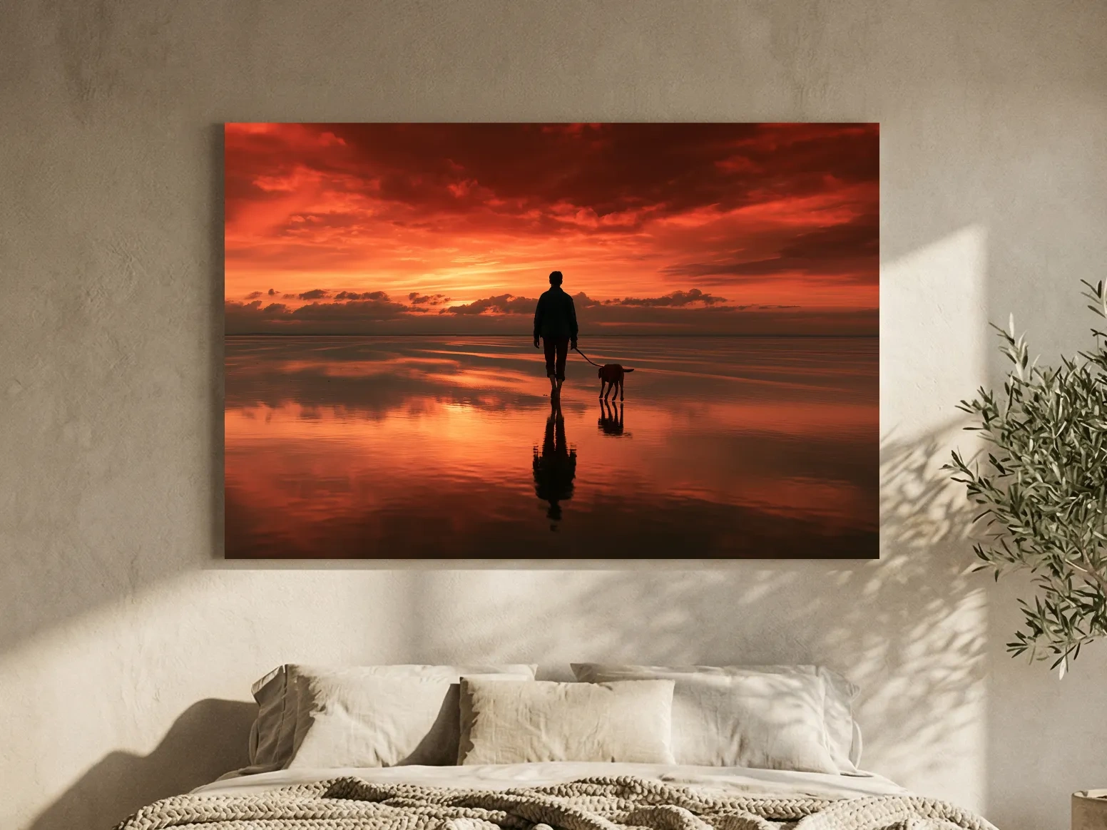 Sunset Beach Walker With Dog - Surreal Photographic Wall Art