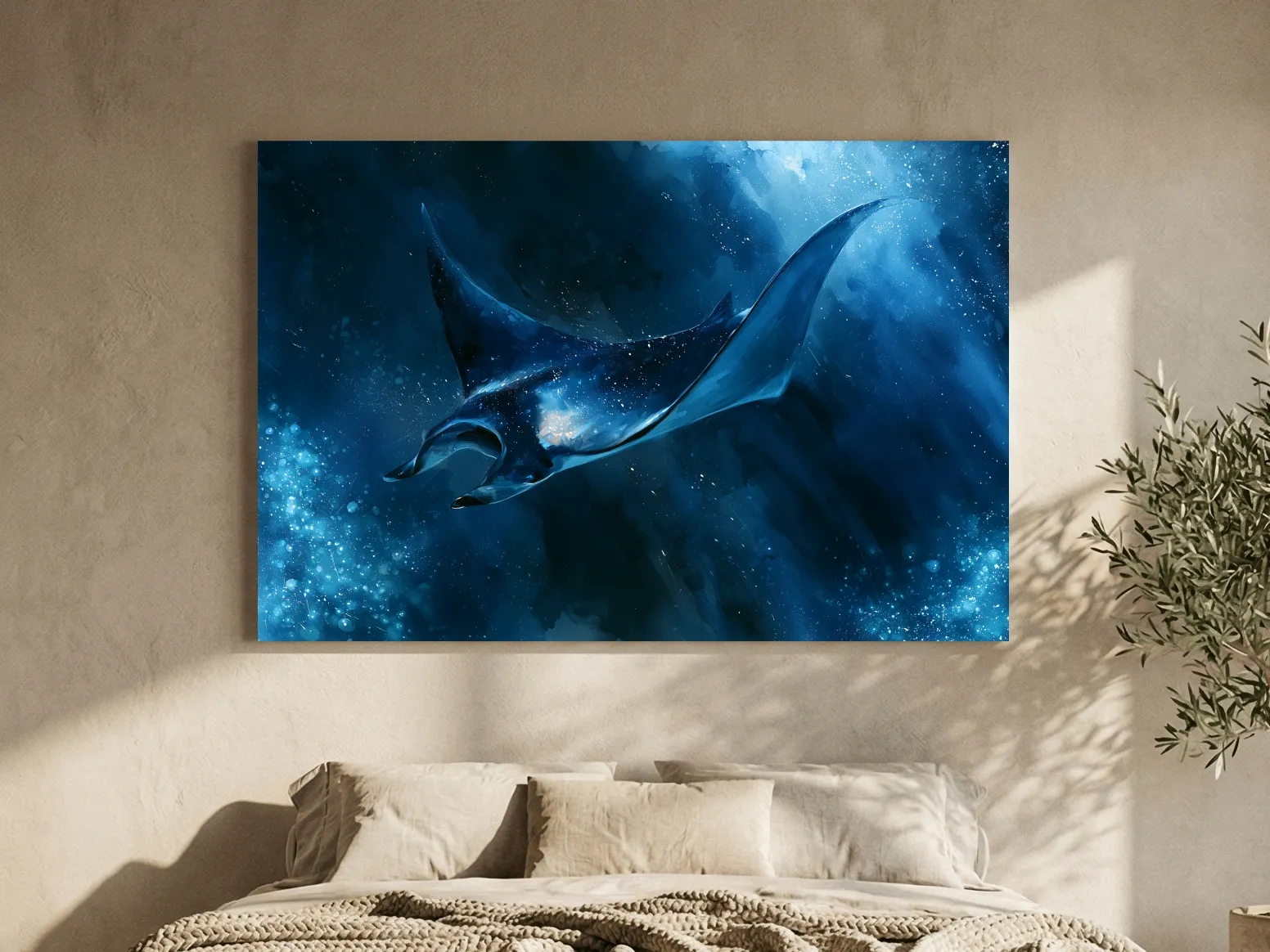 Majestic Manta Ray Underwater Painting - Dramatic Marine Life Wall Art