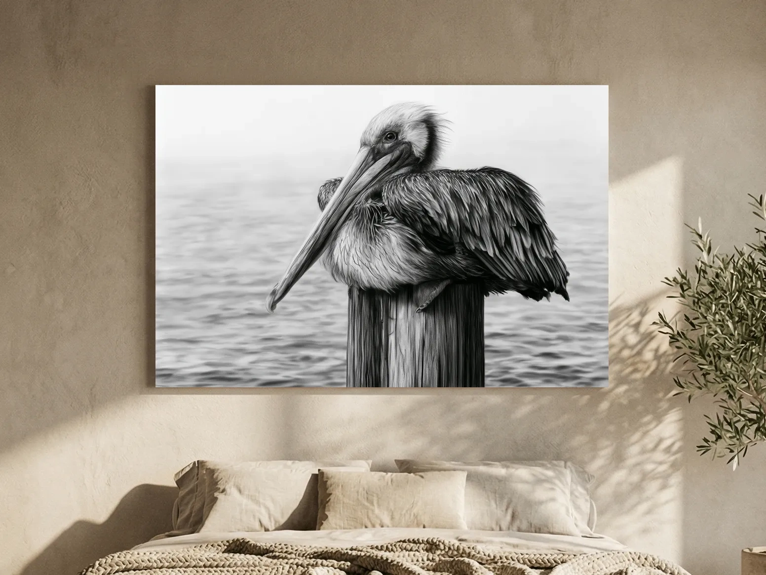 Solitary Pelican Charcoal Drawing - Monochrome Marine Life Wall Art
