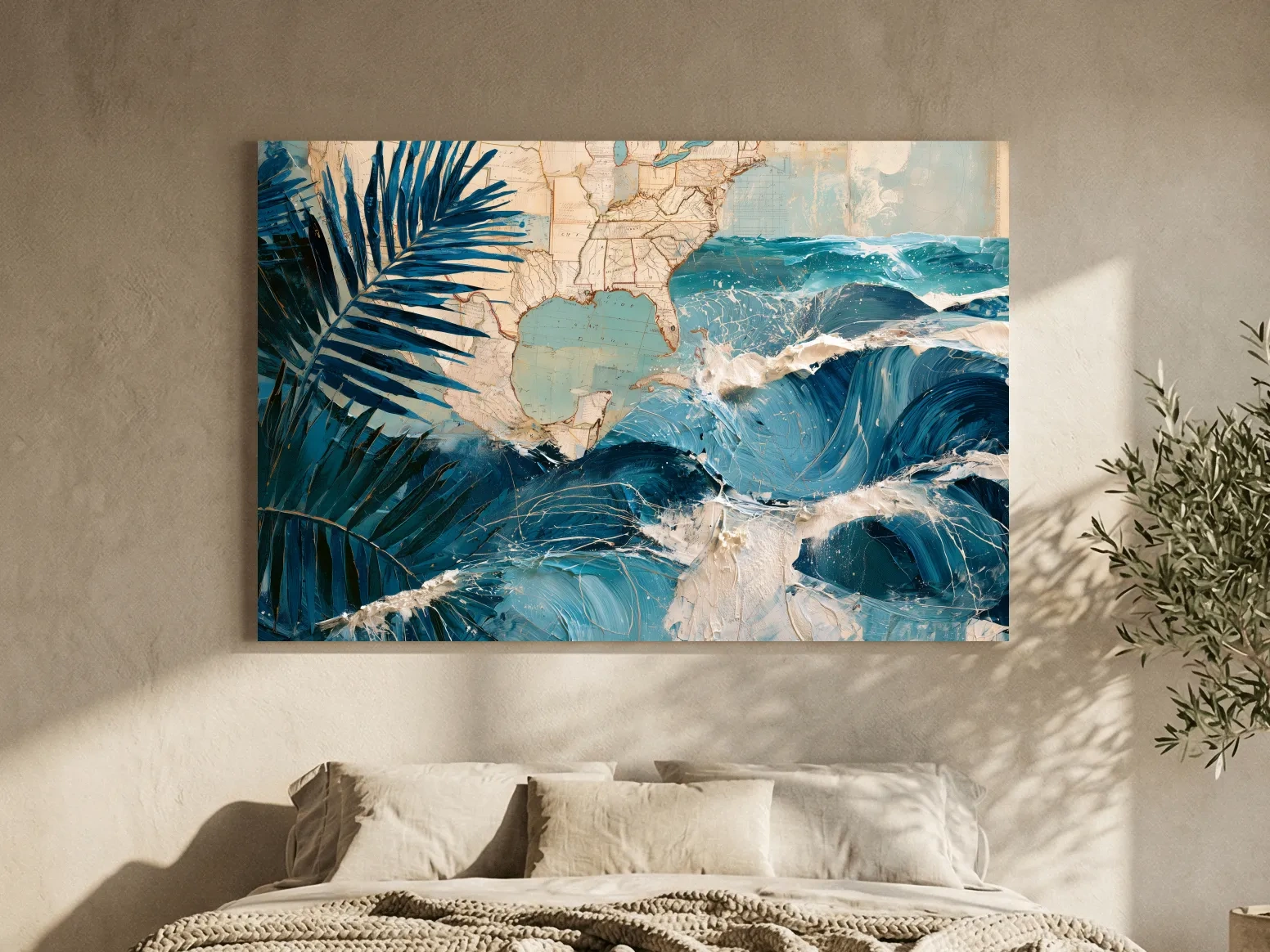 Tropical Palm Waves Map Collage - Mixed Media Ocean Wall Art
