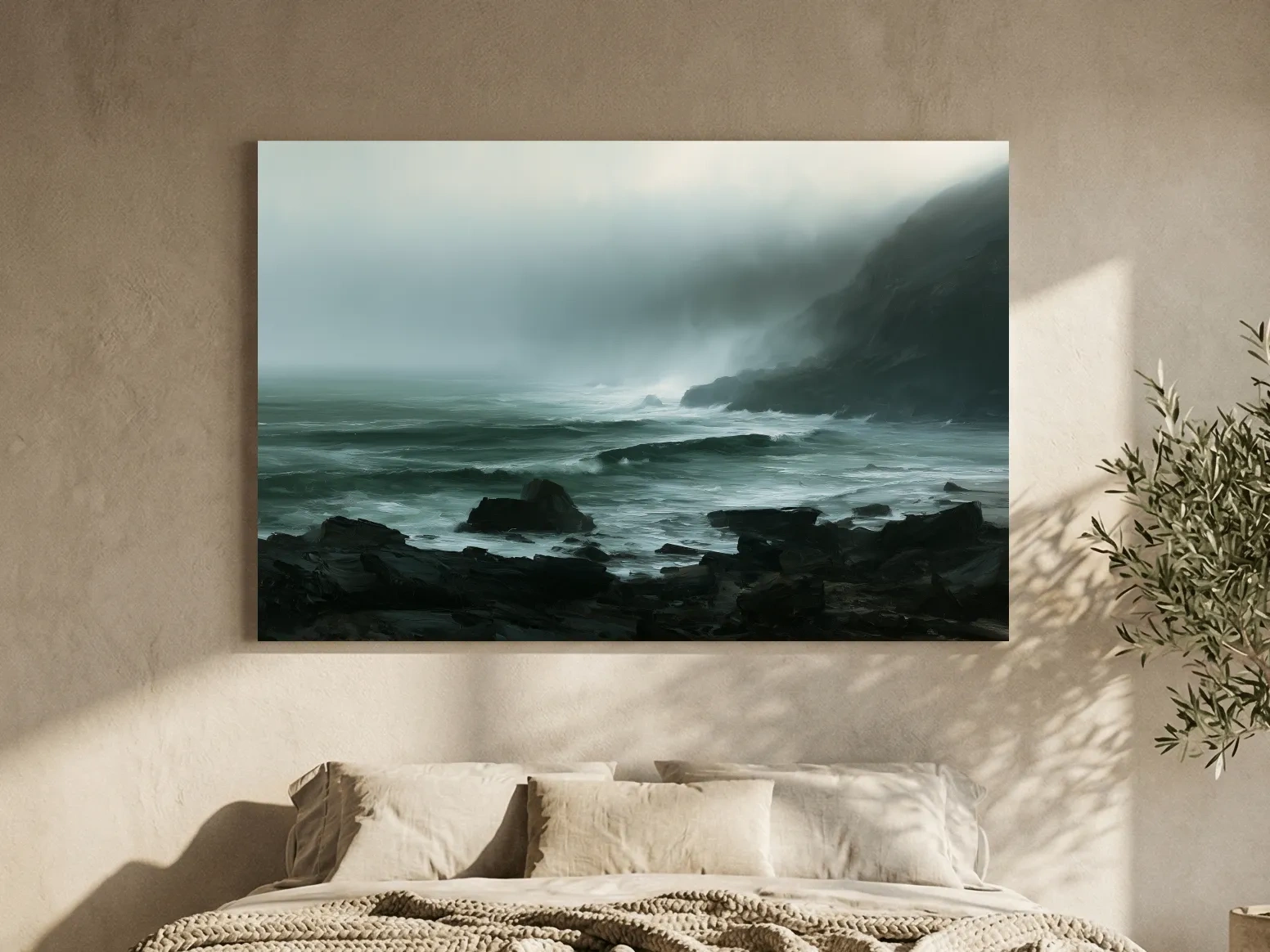 Misty Rocky Coastline Painting - Dramatic Foggy Seascape Wall Art