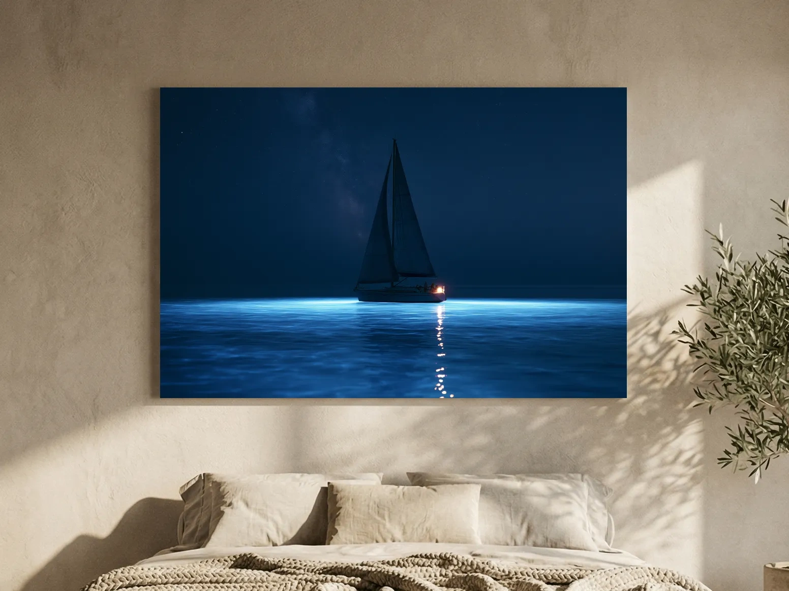 Moonlit Sailboat Silhouette - Surreal Photographic Ocean Wall Art