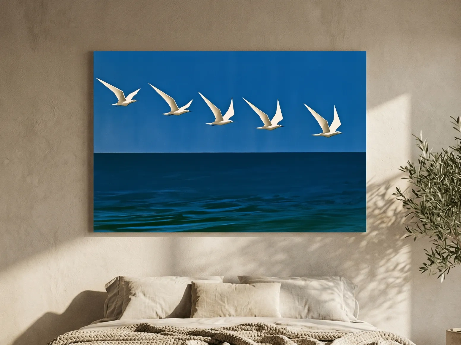 Mid-Century Seagull Flight - Minimalist Ocean Illustration Wall Art