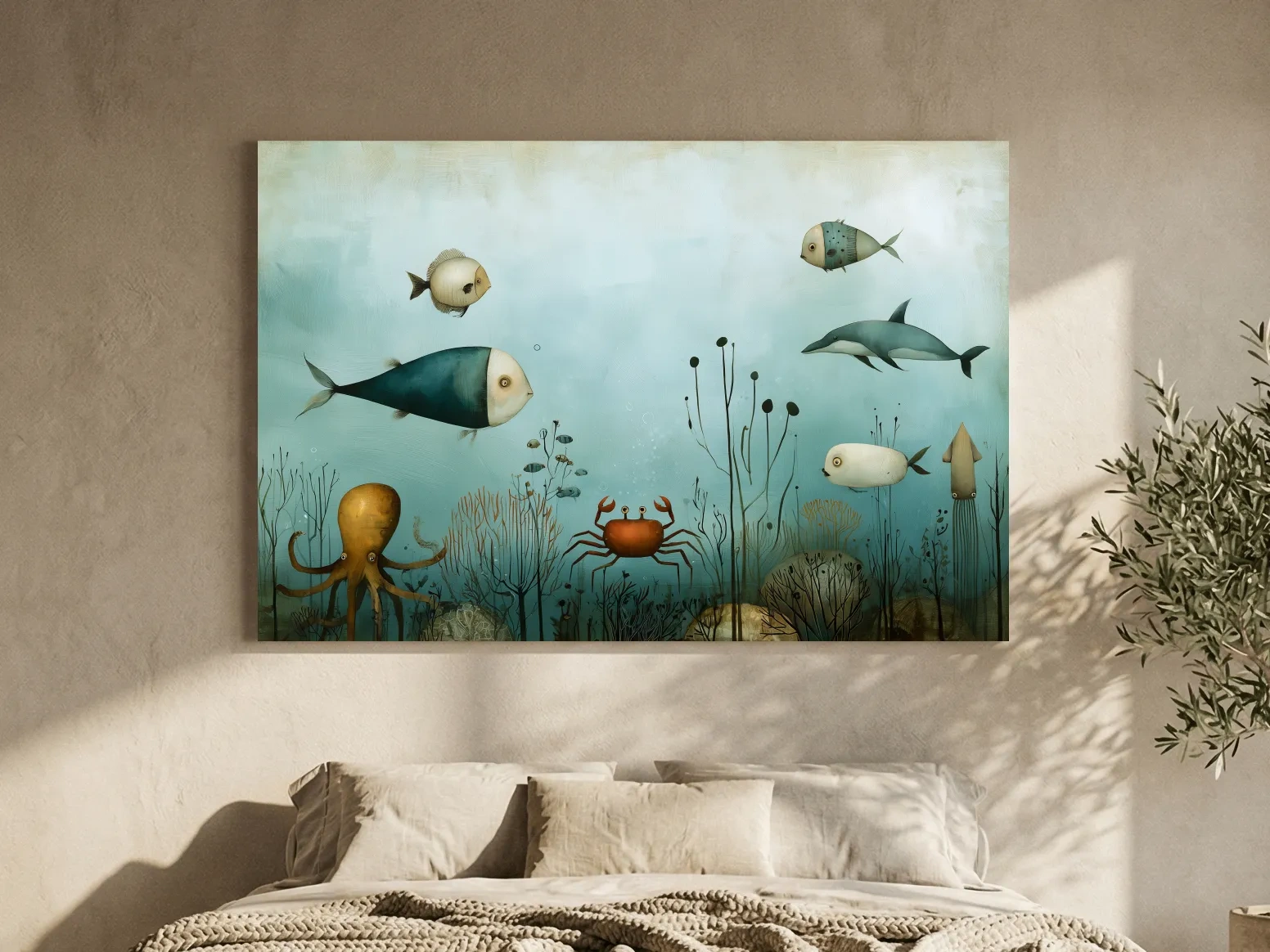 Whimsical Underwater Marine Life Painting - Fish Dolphin Octopus Crab Wall Art
