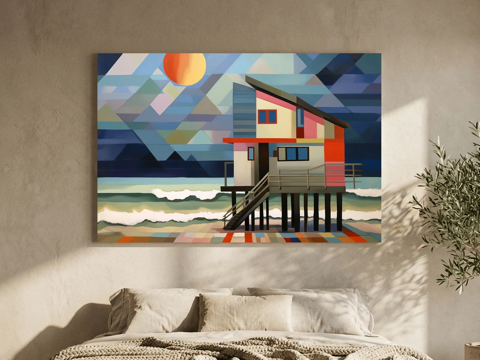 Geometric Beach House Painting - Abstract Coastal Wall Art