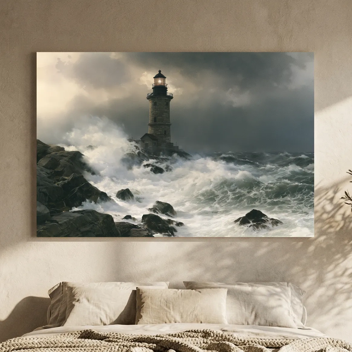 Stormy Lighthouse Seascape Painting - Dramatic Ocean Wall Art