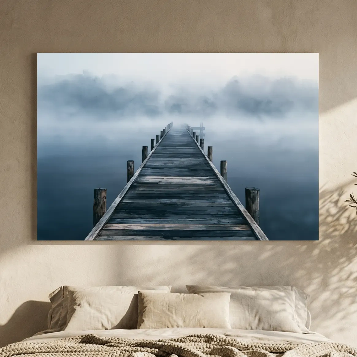 Misty Lake Pier Landscape - Moody Watercolour Ocean Art