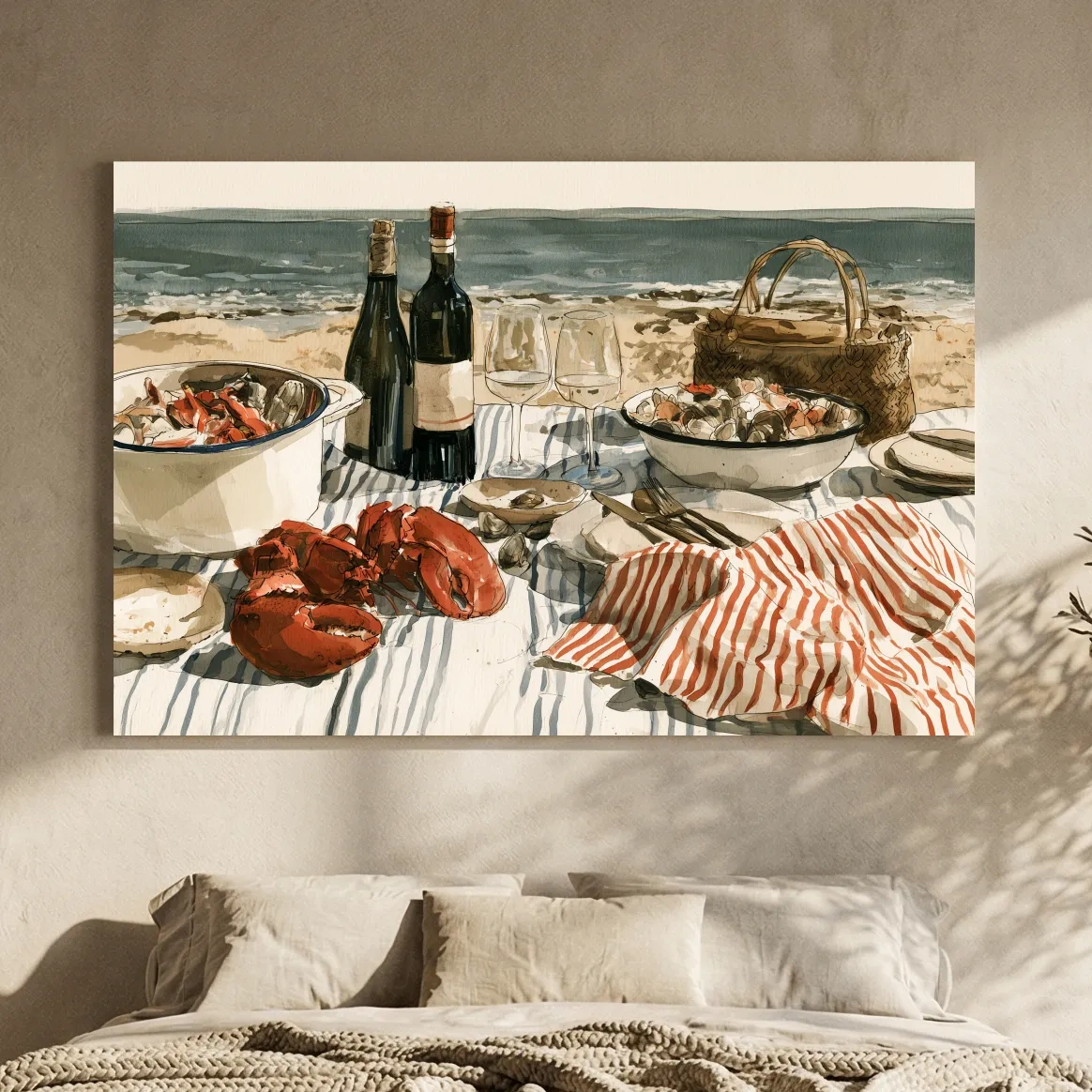 Watercolor Lobster Beach Picnic - Coastal Dining Wall Art
