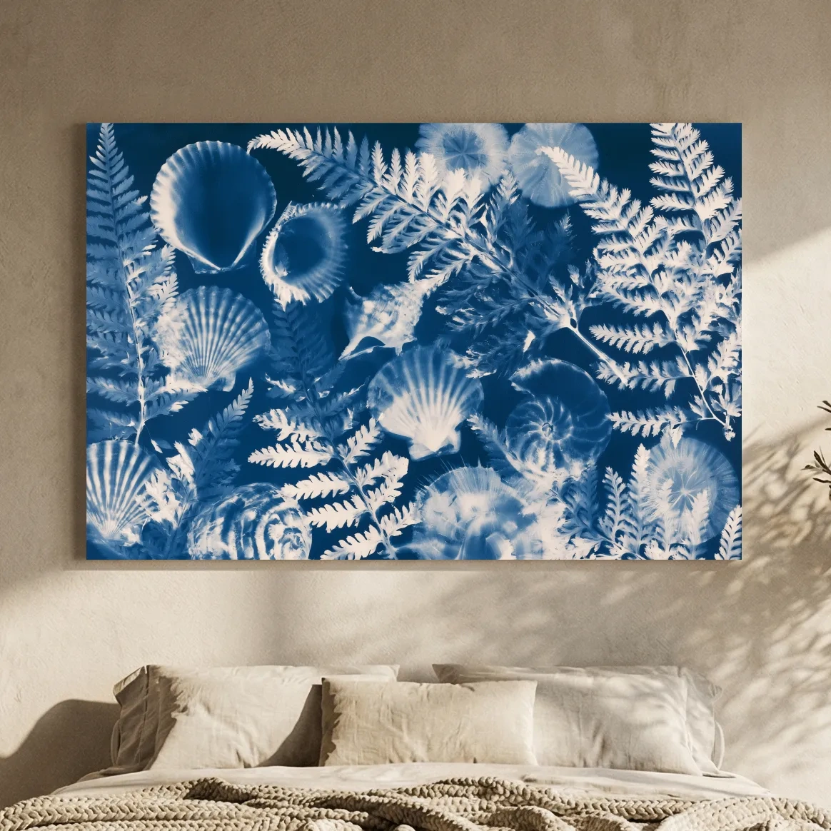 Cyanotype Seashell And Fern Illustration - Hamptons Tropical Wall Art