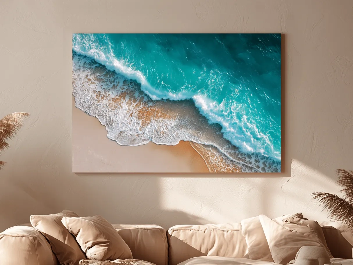 Aerial Tropical Waves on Sandy Beach - Serene Coastal Photographic Wall Art