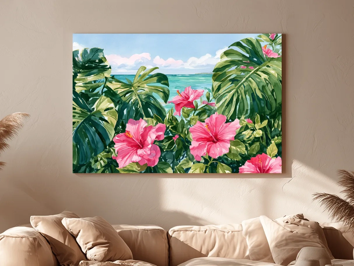 Tropical Monstera Hibiscus Watercolour - Botanical Beach Wall Art