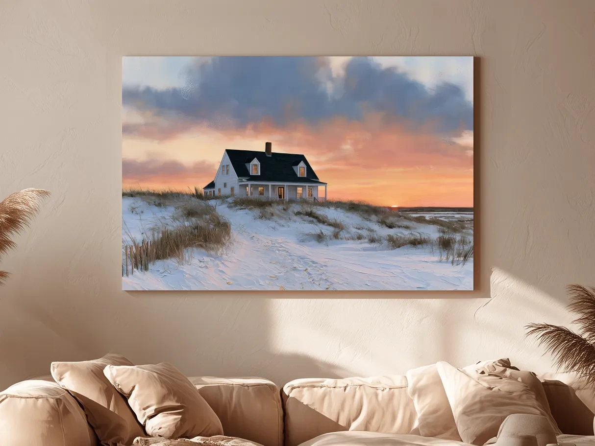Beach House Sunset Dunes - Coastal Landscape Painting Wall Art