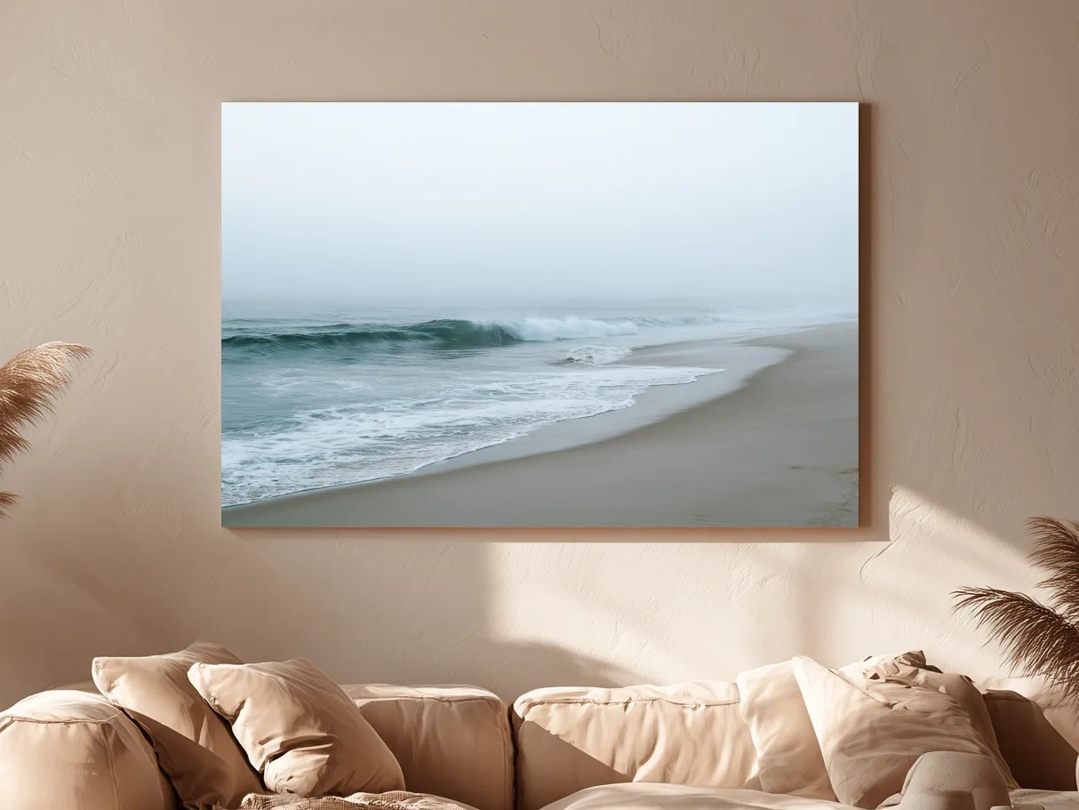 Misty Beach Waves - Minimalist Photographic Wall Art