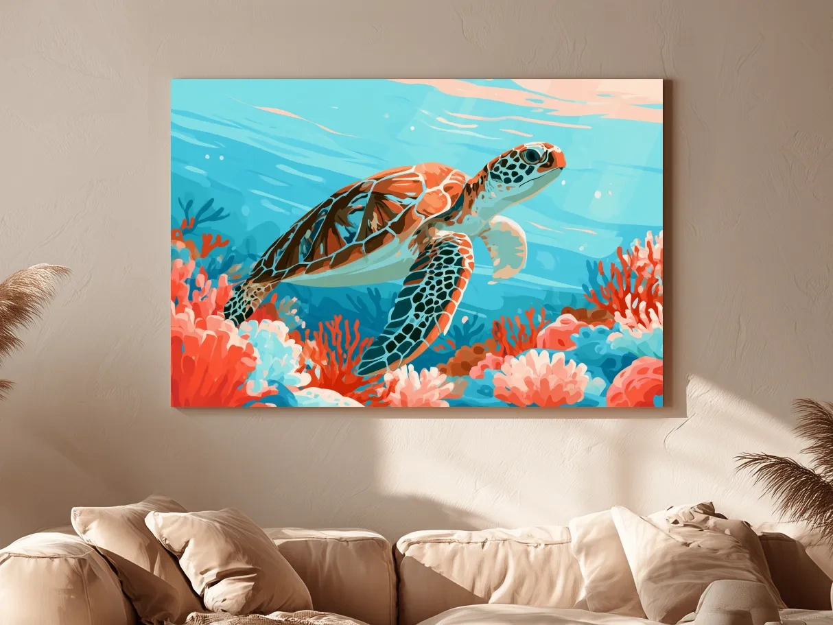 Mid-Century Sea Turtle Reef Illustration - Minimalist Marine Life Wall Art