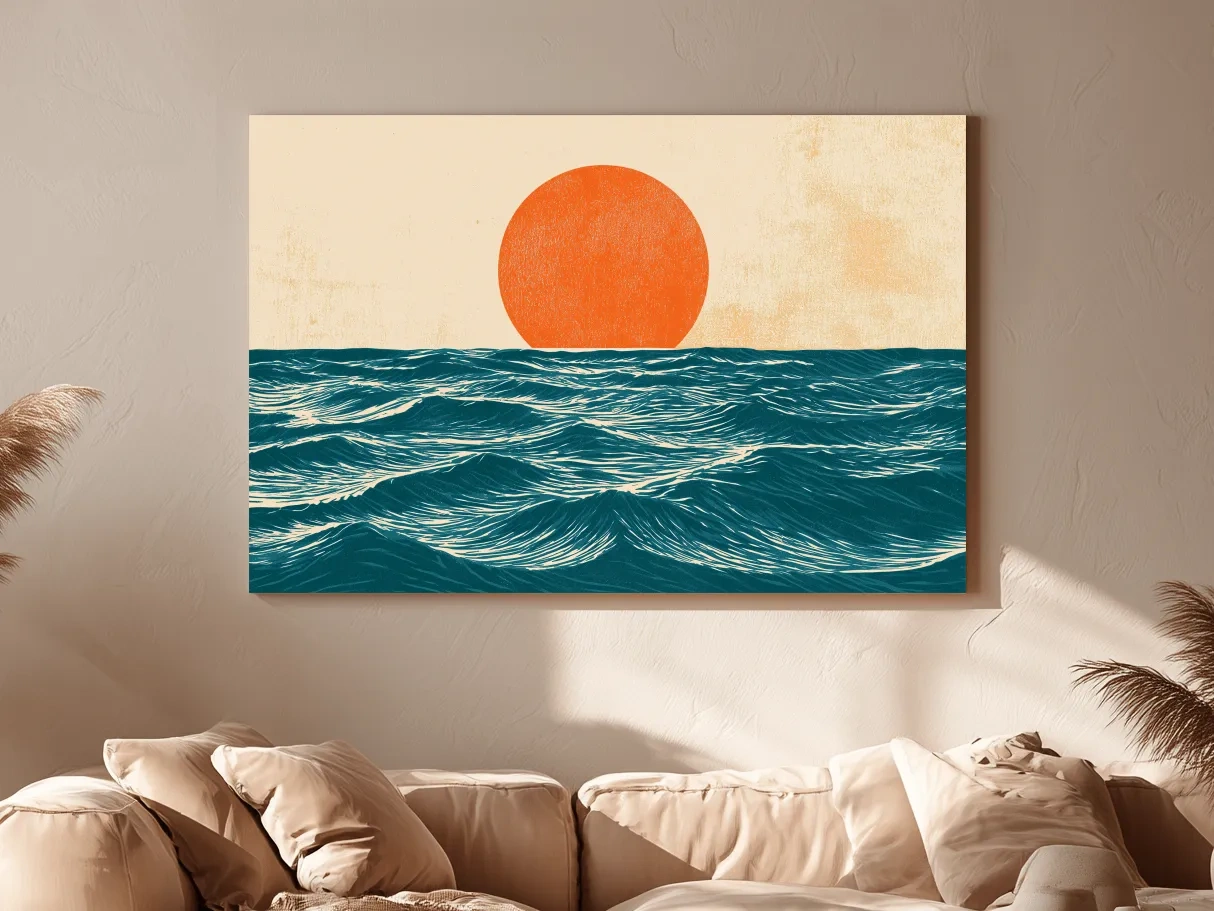 Mid-Century Ocean Sunrise Illustration - Minimalist Wave Wall Art