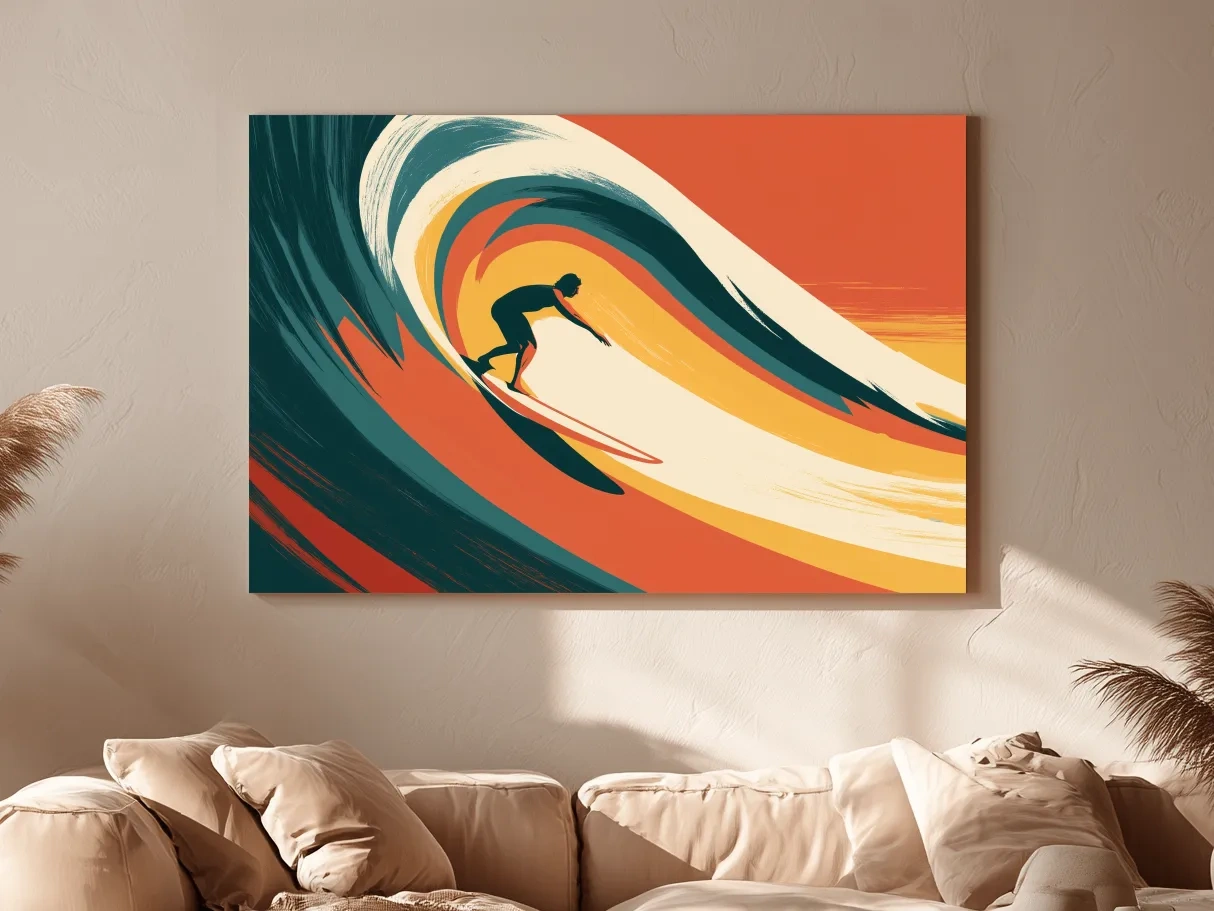 Mid-Century Surfer Riding Wave - Retro Vector Ocean Wall Art