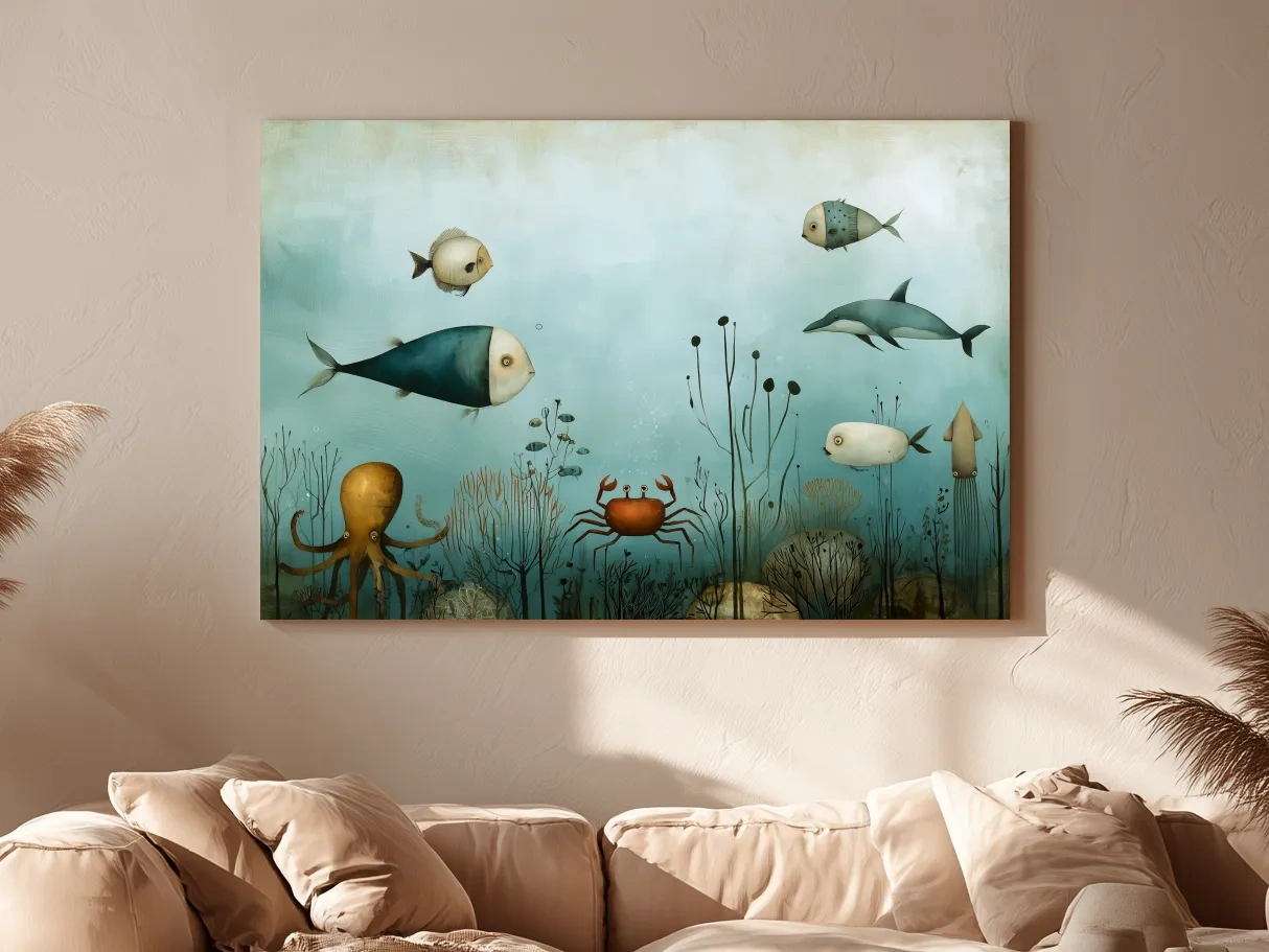 Whimsical Underwater Marine Life Painting - Fish Dolphin Octopus Crab Wall Art