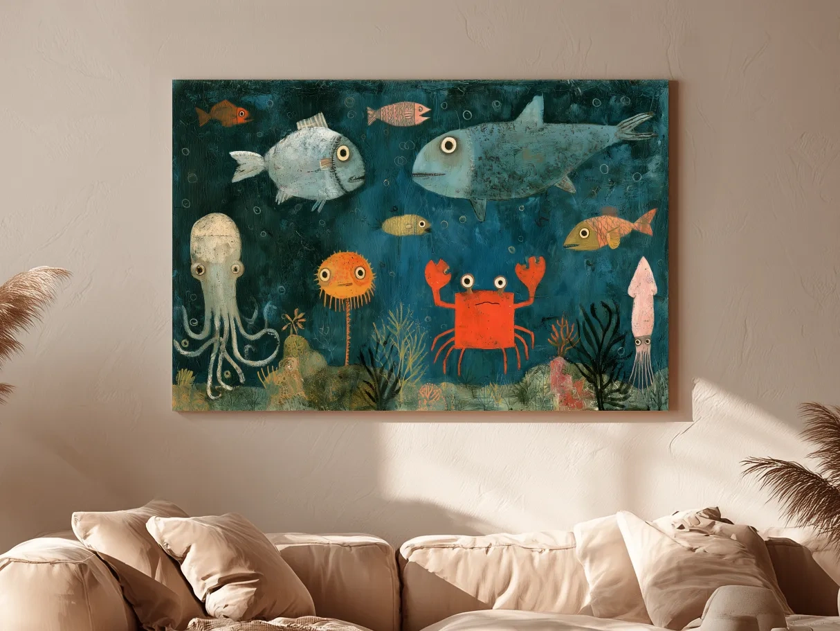 Whimsical Folk Art Marine Life Painting - Underwater Nursery Wall Art
