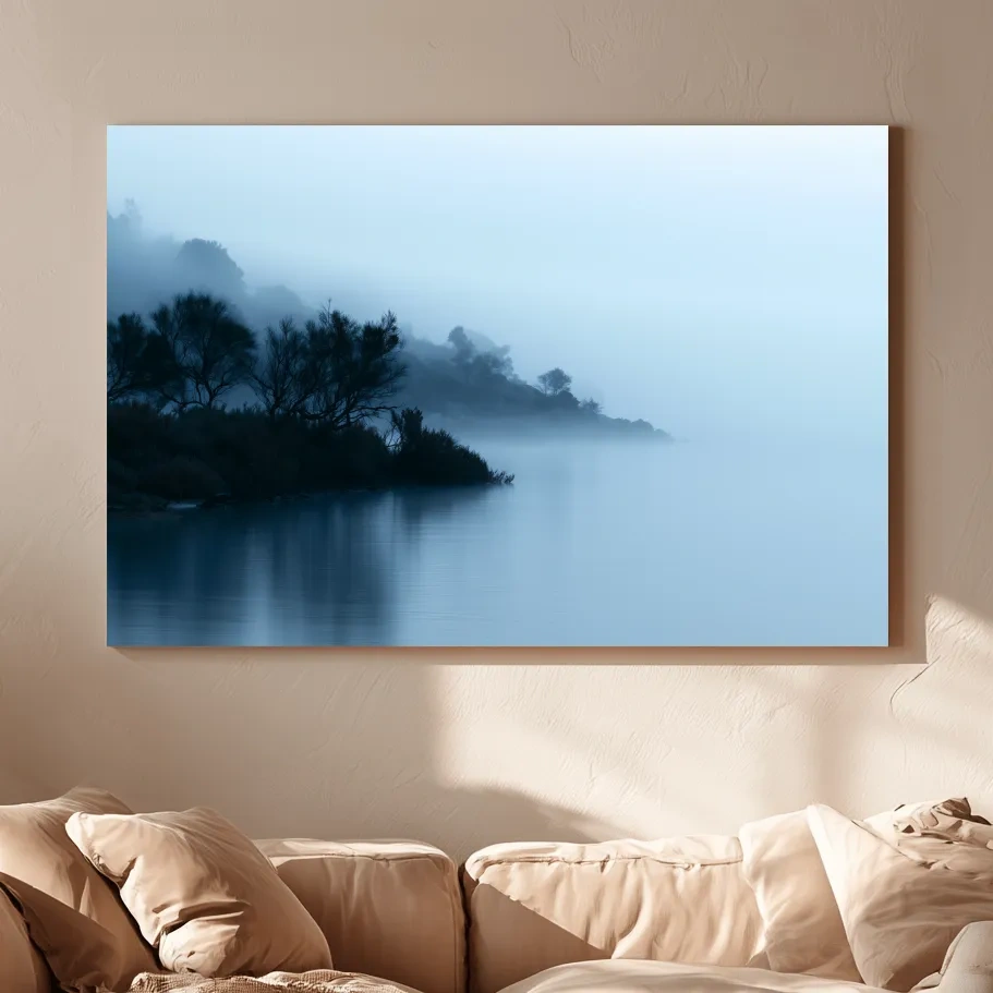 Misty Lakeshore Trees - Minimalist Photographic Wall Art
