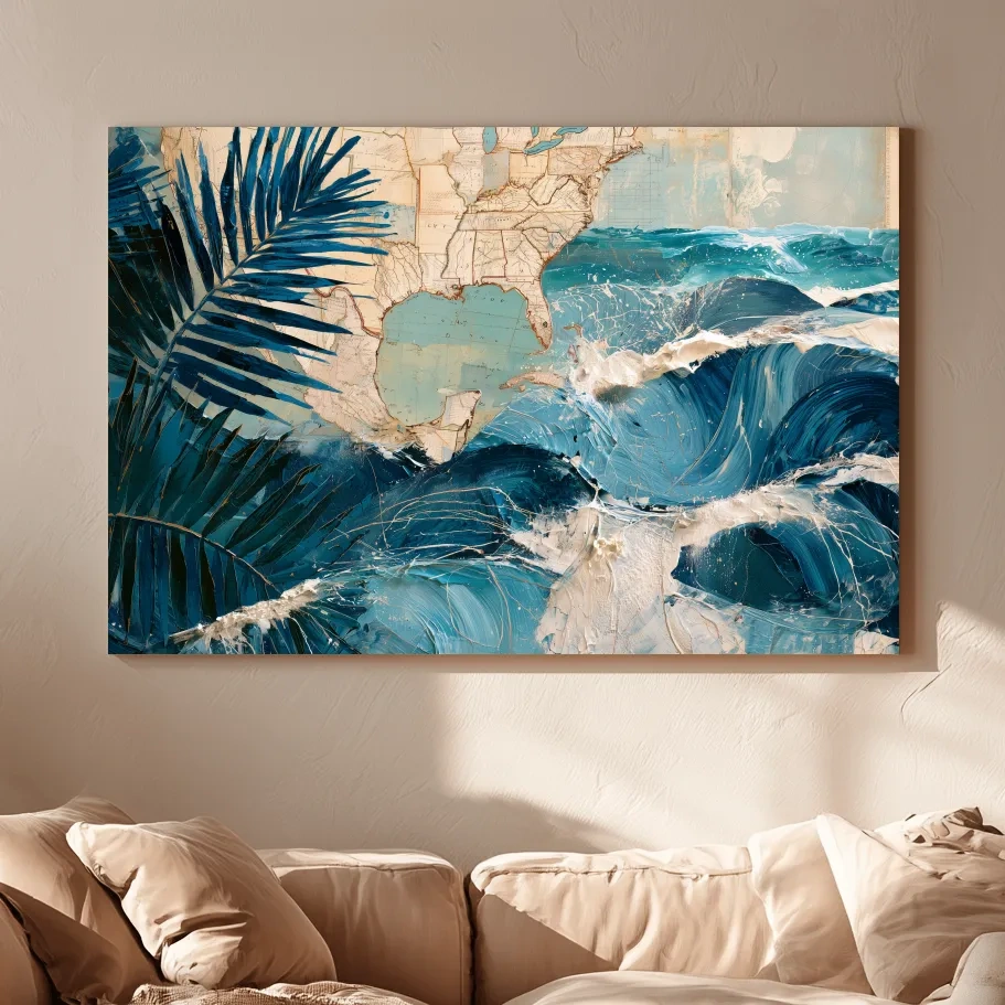 Tropical Palm Waves Map Collage - Mixed Media Ocean Wall Art