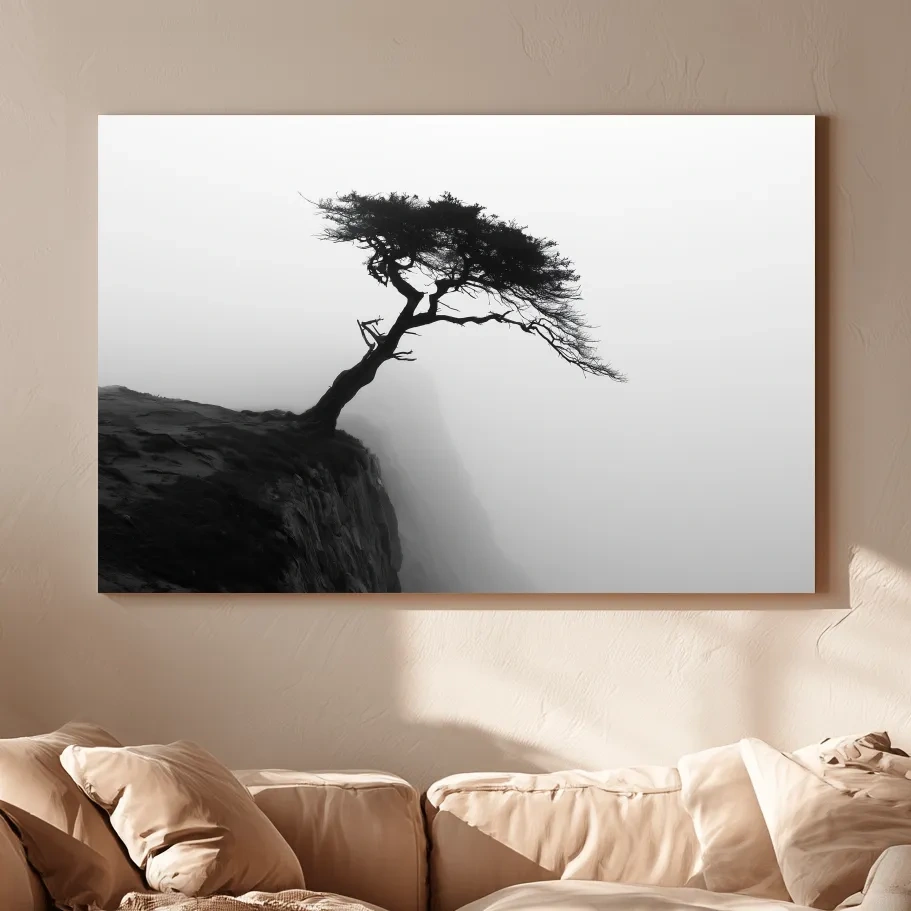 Misty Coastal Cypress Silhouette - Minimalist Photographic Wall Art