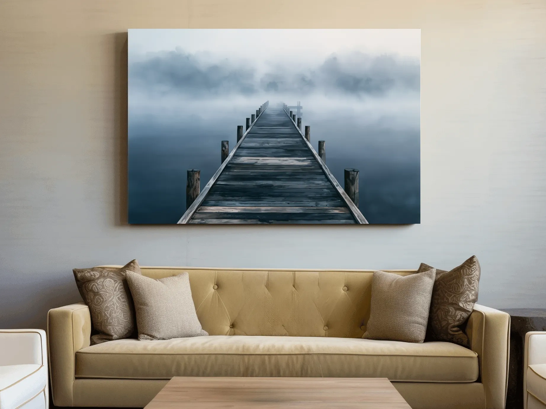 Misty Lake Pier Landscape - Moody Watercolour Ocean Art