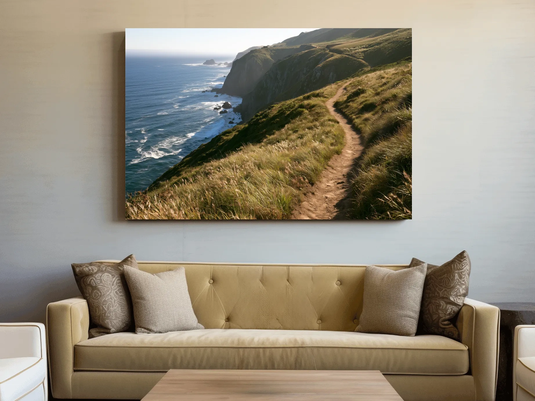 Misty Coastal Cliff Hiking Trail - Photographic Landscape Wall Art