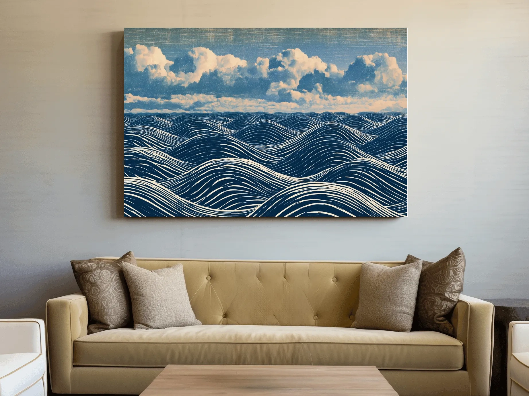 Geometric Rolling Waves Illustration - Abstract Ocean Wall Art