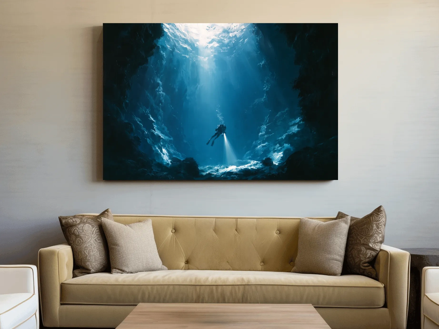 Surreal Underwater Scuba Diver Painting - Dramatic Deep Sea Wall Art