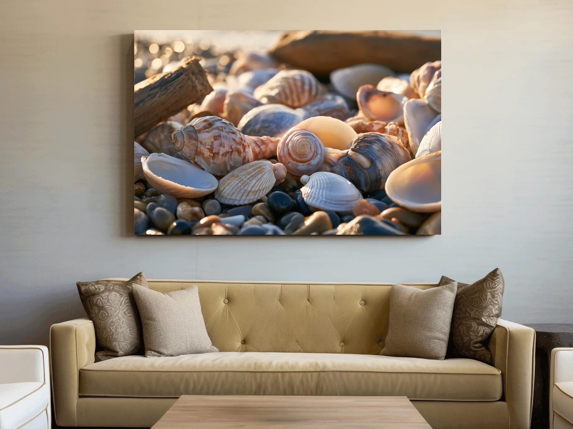 Sunlit Seashell Collection - Serene Beach Photographic Wall Art