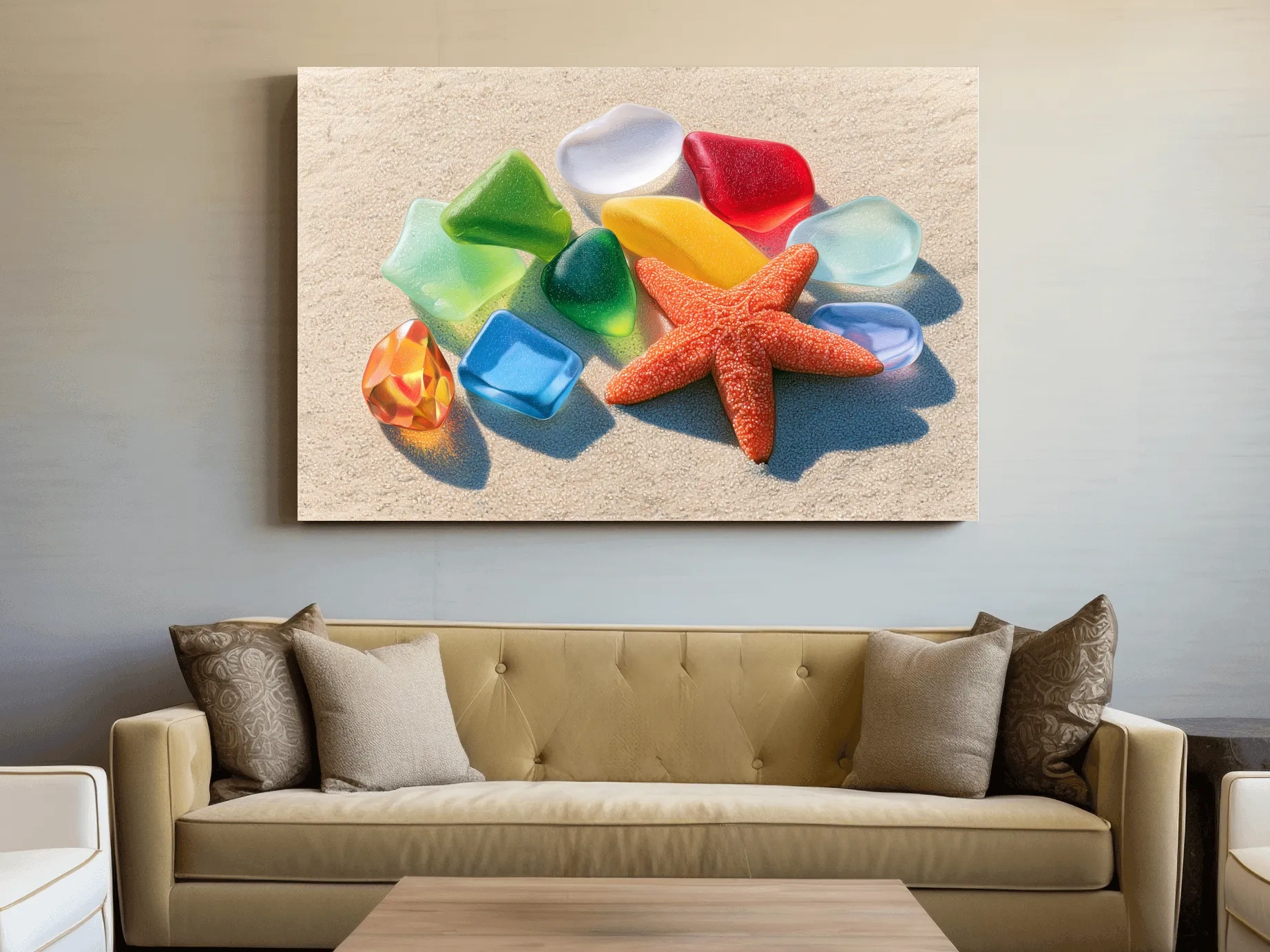 Sea Glass and Starfish Drawing - Coastal Marine Life Wall Art