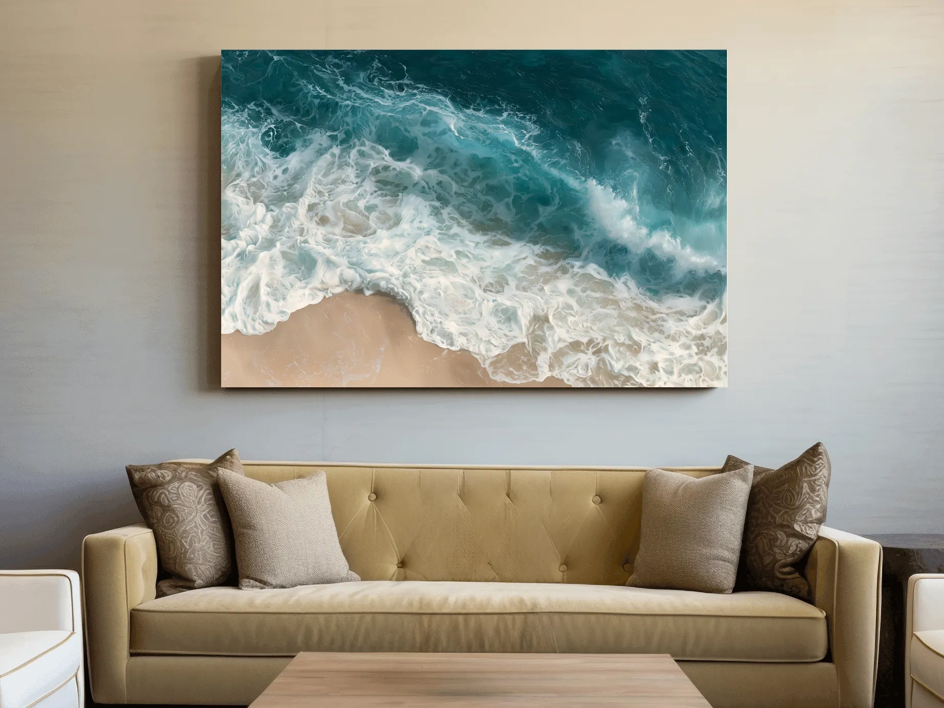 Aerial Seafoam Shoreline Painting - Abstract Ocean Wall Art