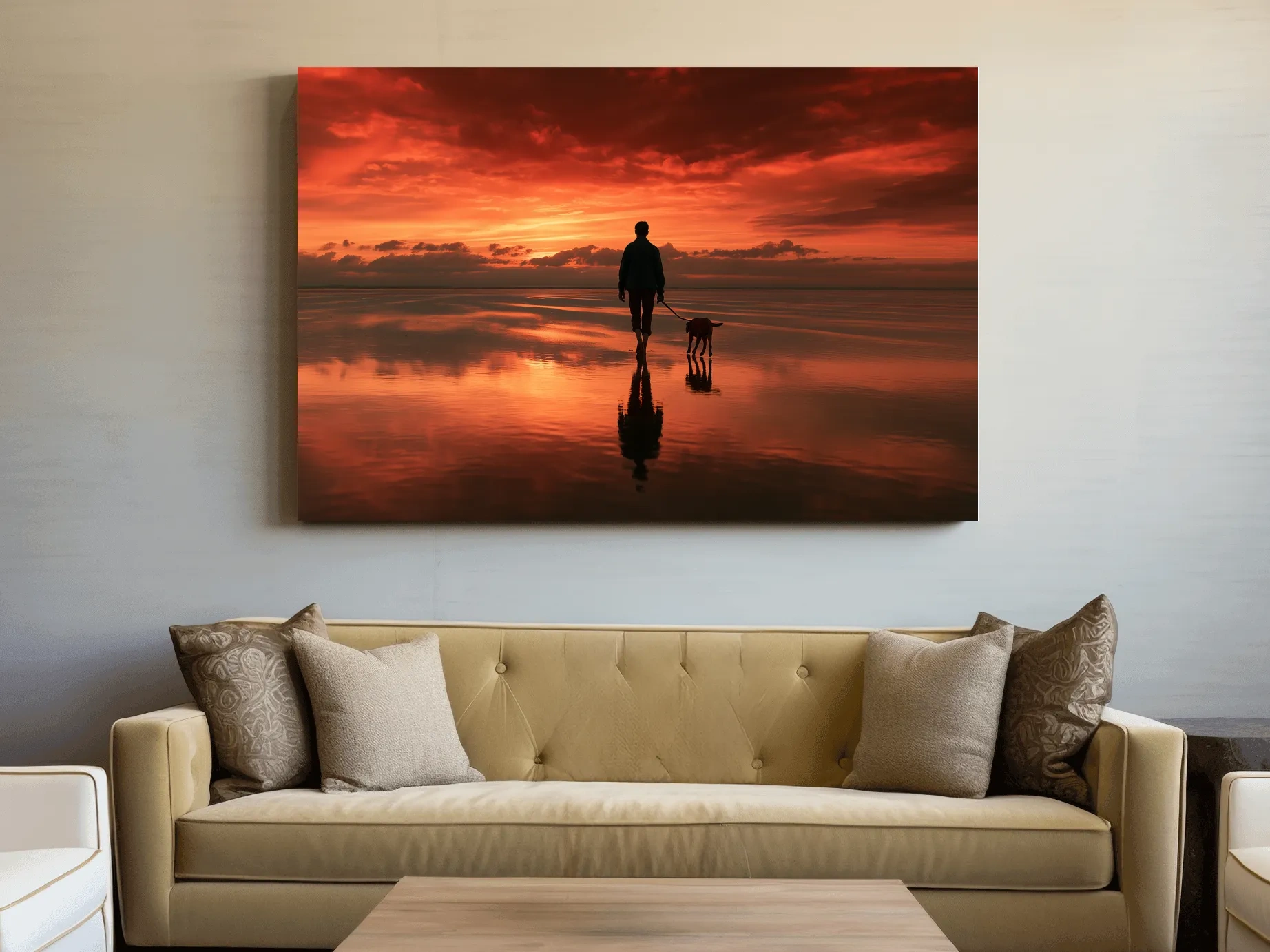 Sunset Beach Walker With Dog - Surreal Photographic Wall Art