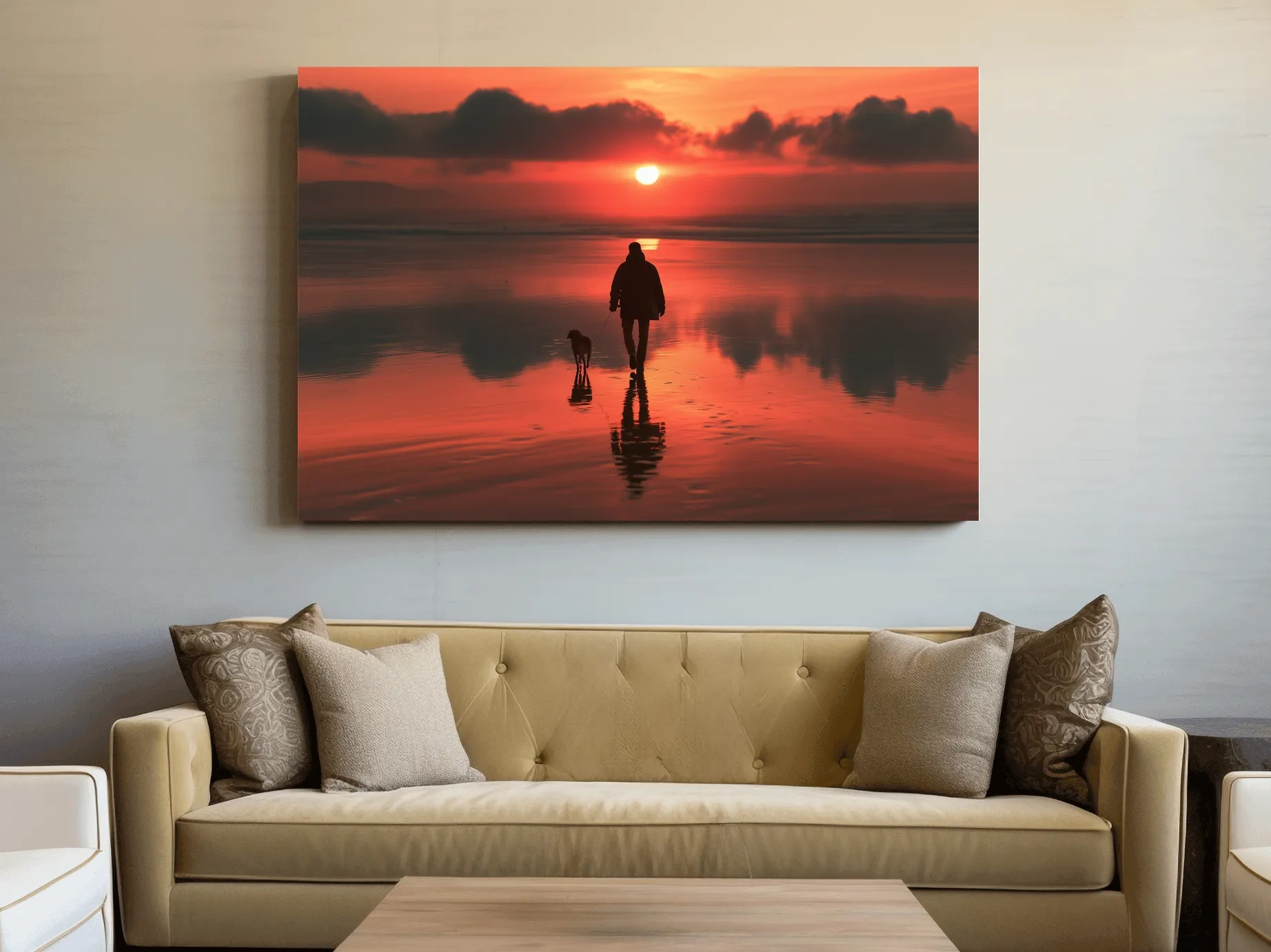 Surreal Dog Walker Silhouette - Misty Beach Sunset Photographic Wall Art