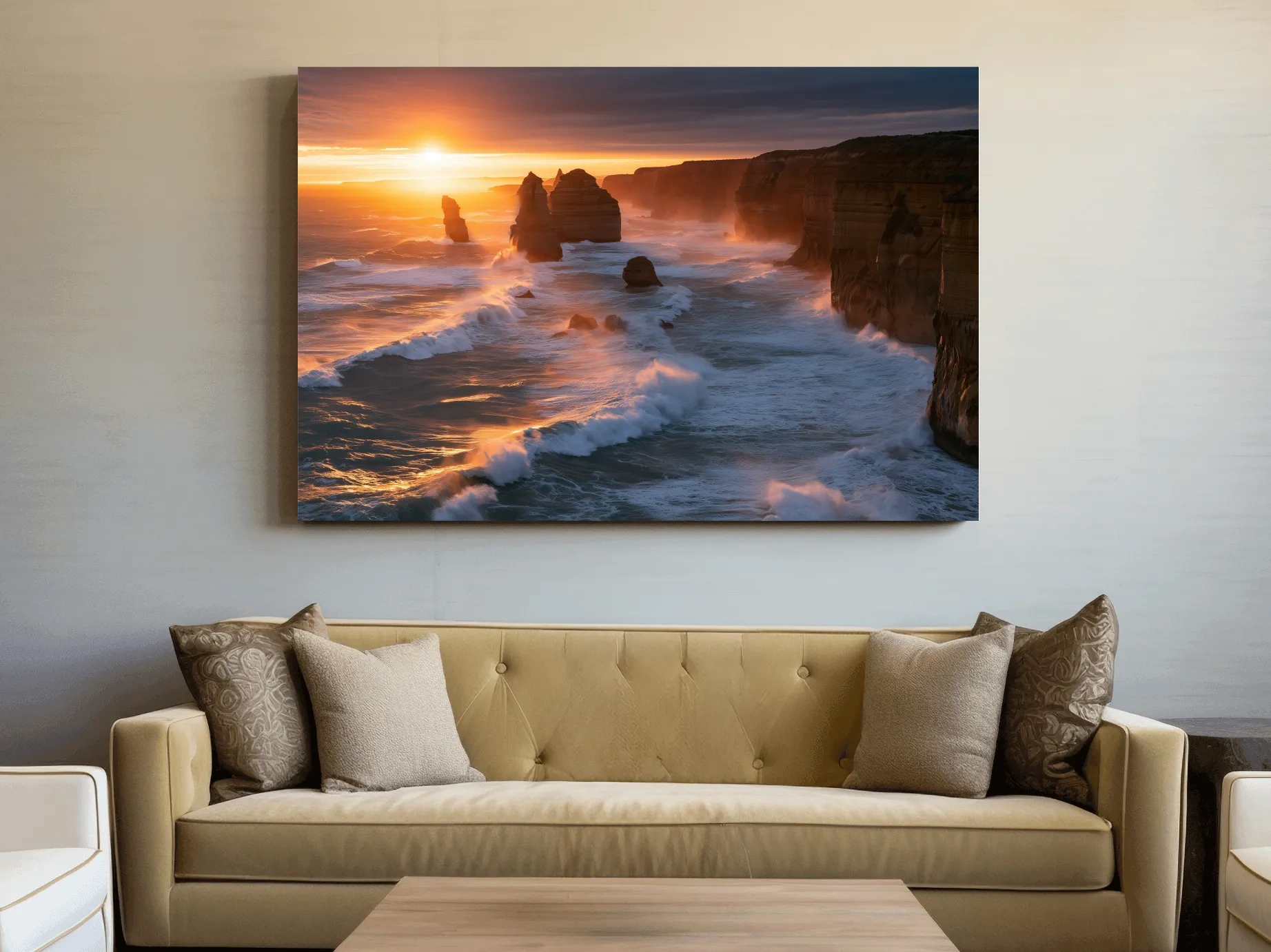 Golden Sunset Sea Stacks - Dramatic Coastal Cliff Photographic Wall Art