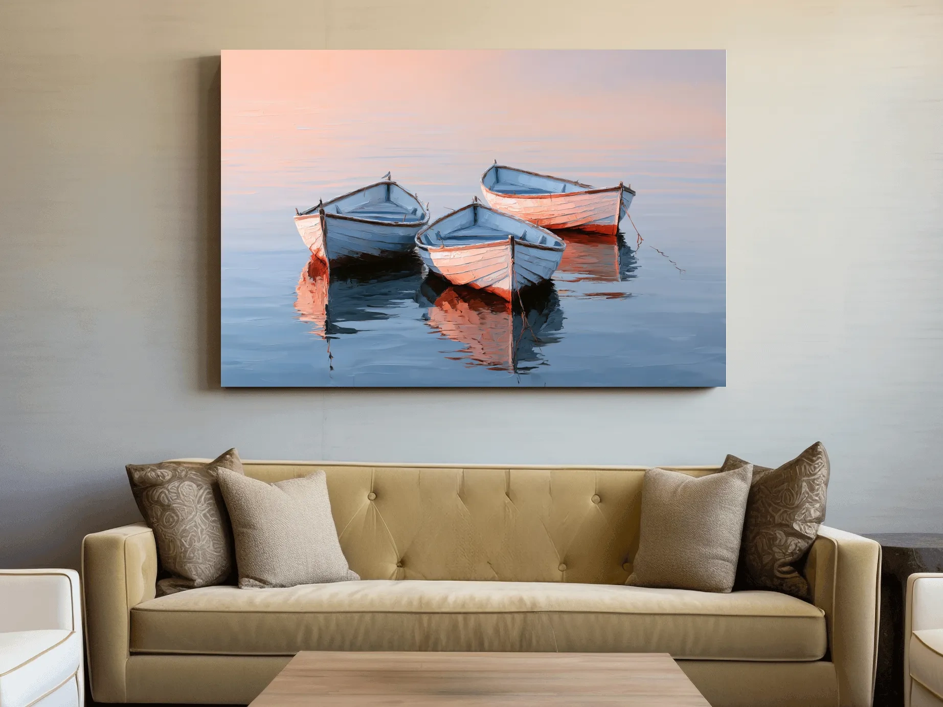 Three Rowboats on Still Water - Impasto Style Nautical Painting Art