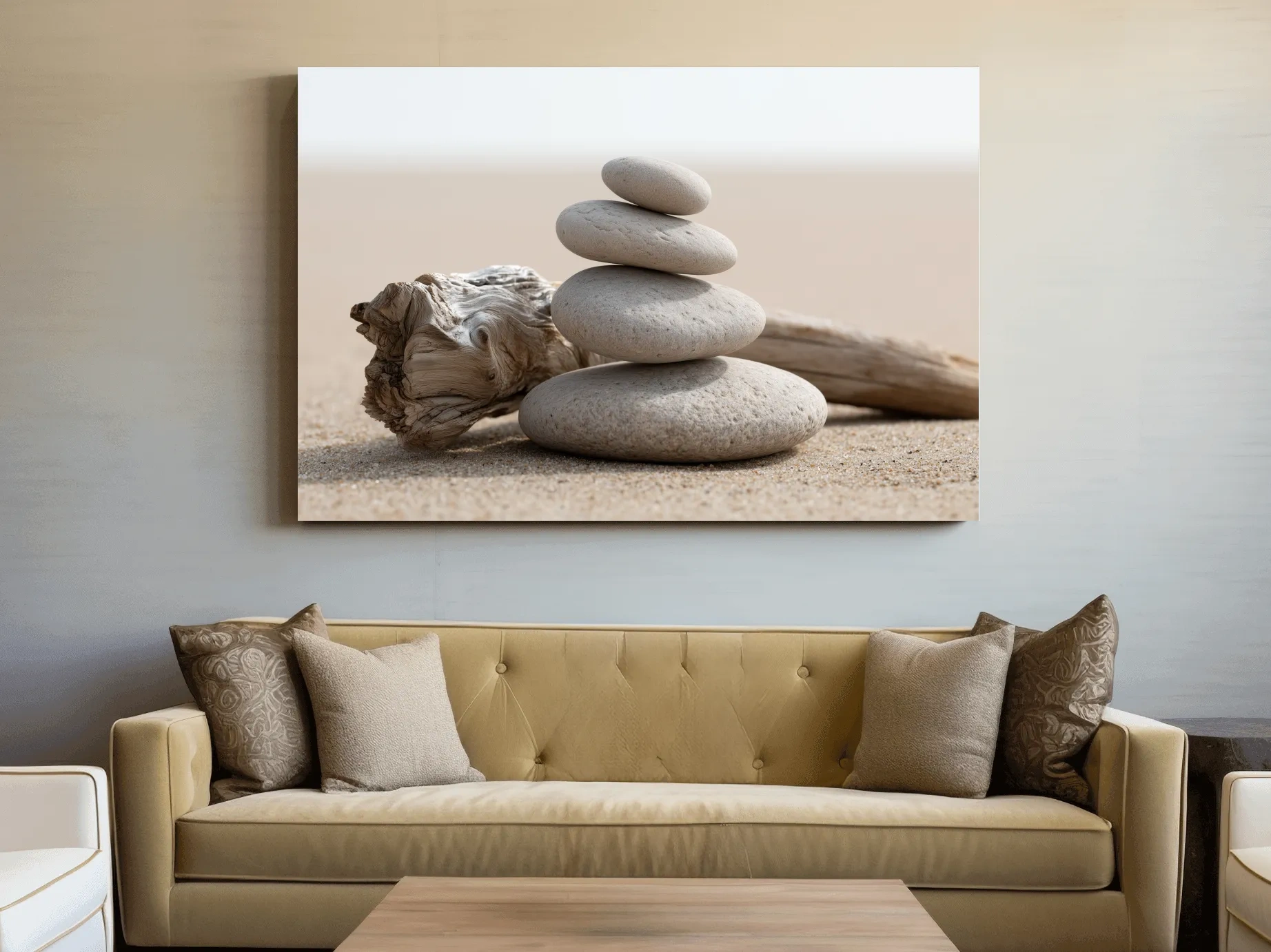 Balanced Pebble Cairn With Driftwood - Minimalist Beach Photographic Wall Art