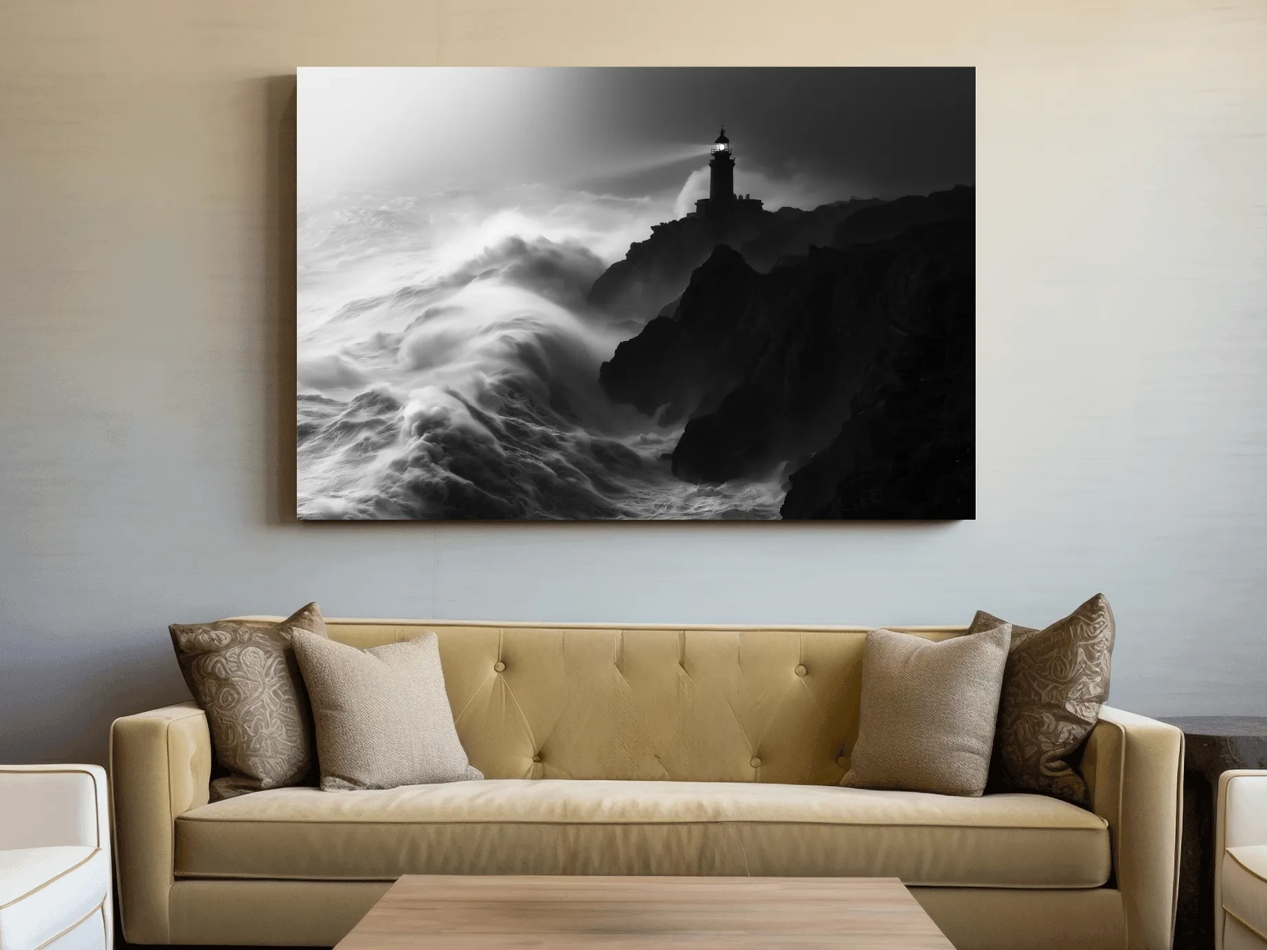 Misty Lighthouse Storm Waves - Black And White Photographic Wall Art