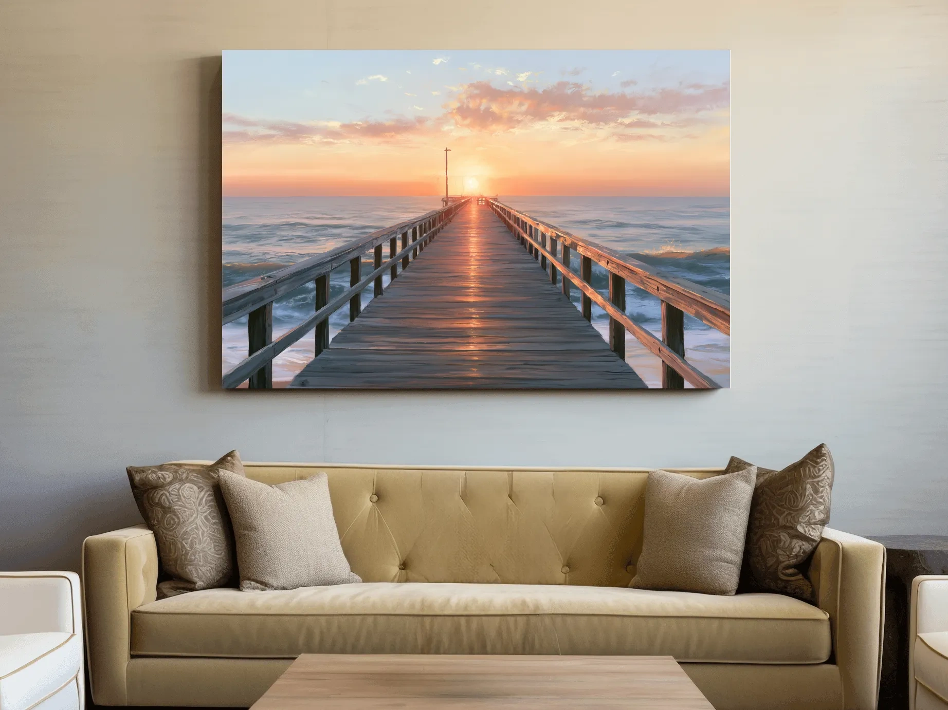 Nostalgic Pier at Golden Hour - Ocean Painting Wall Art