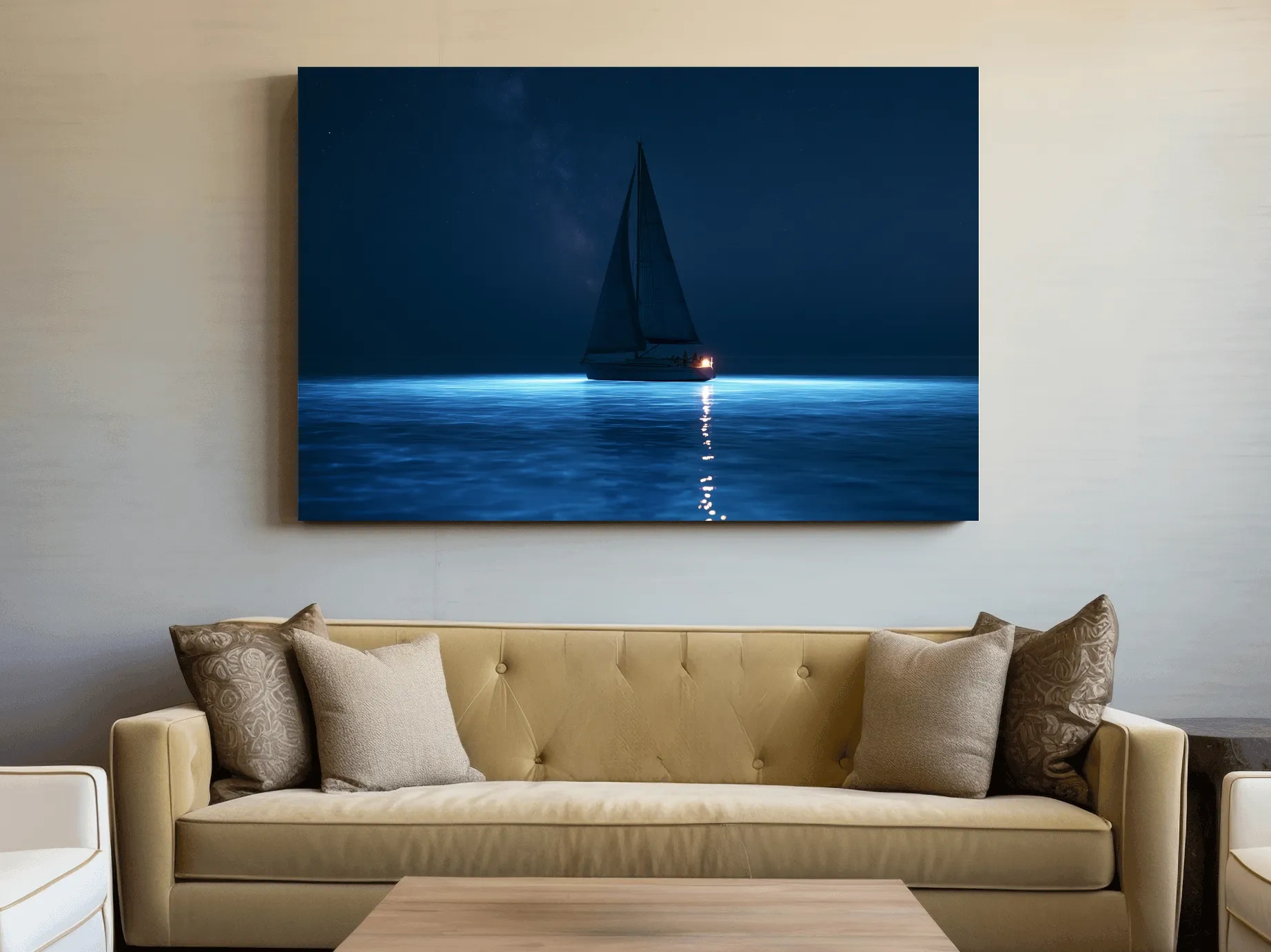 Moonlit Sailboat Silhouette - Surreal Photographic Ocean Wall Art