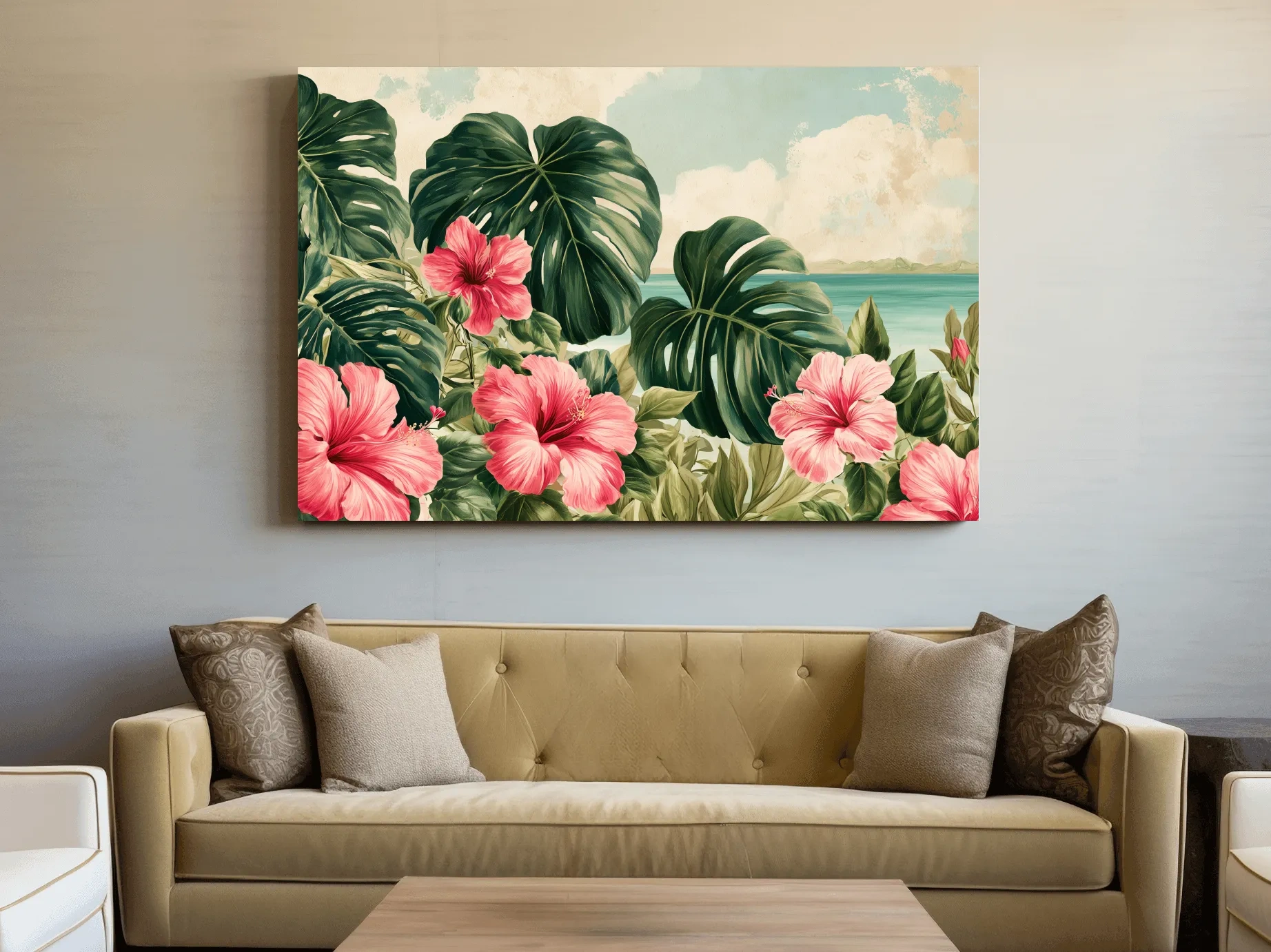 Tropical Hibiscus And Monstera Watercolour - Coastal Botanical Wall Art