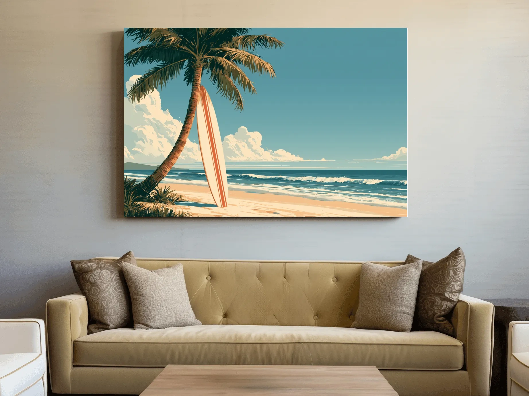Vintage Tropical Surfboard Beach - Retro Coastal Wall Art