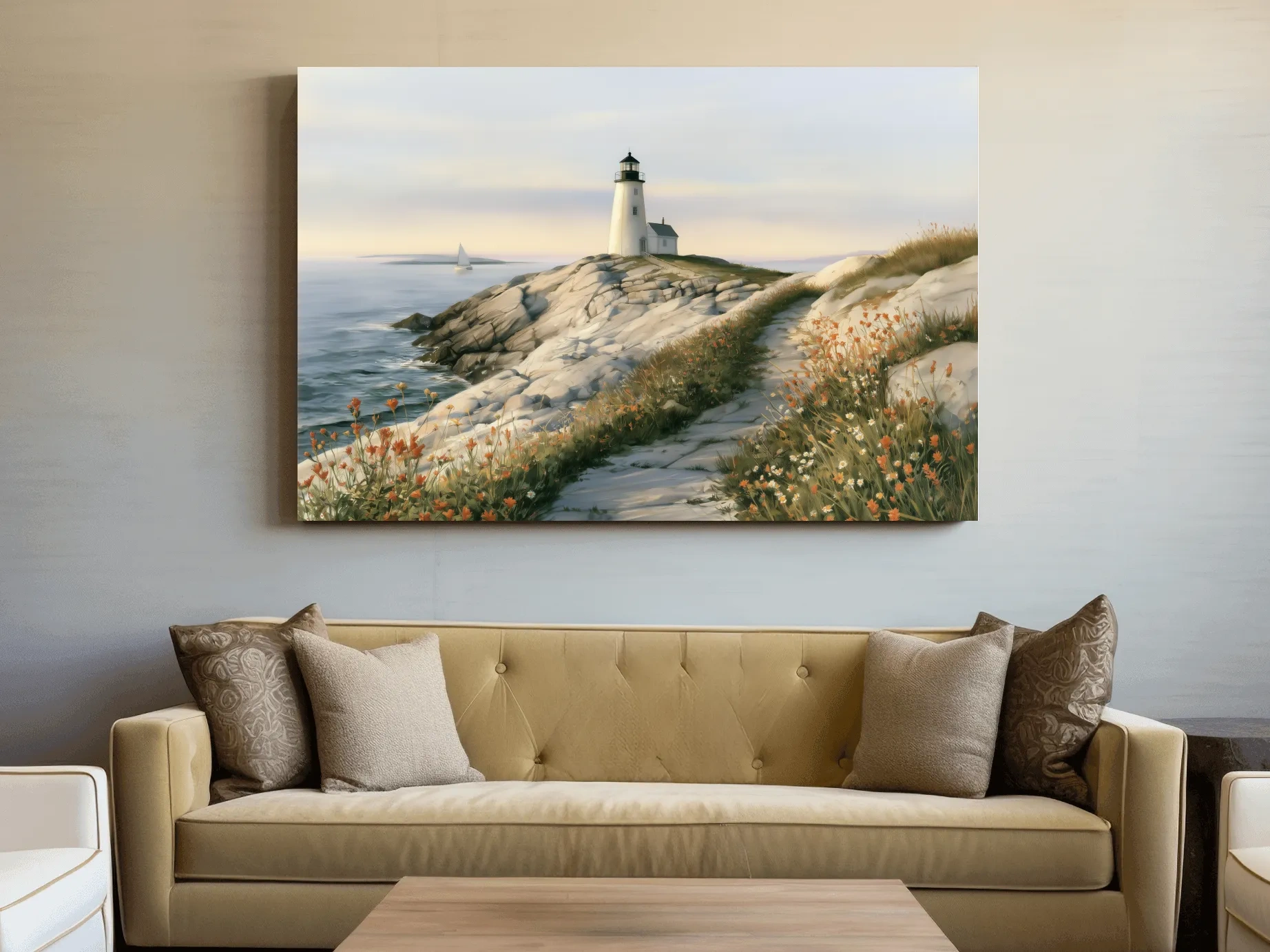 Serene Rocky Lighthouse Painting - Coastal Landscape Wall Art