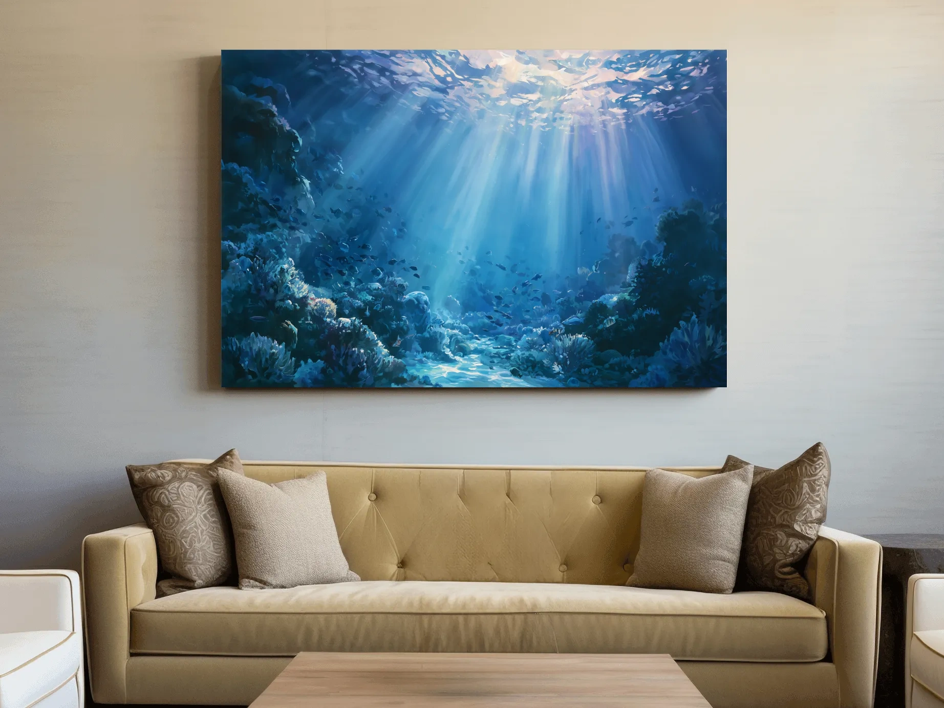 Sunlit Coral Reef Underwater Painting - Marine Wall Art