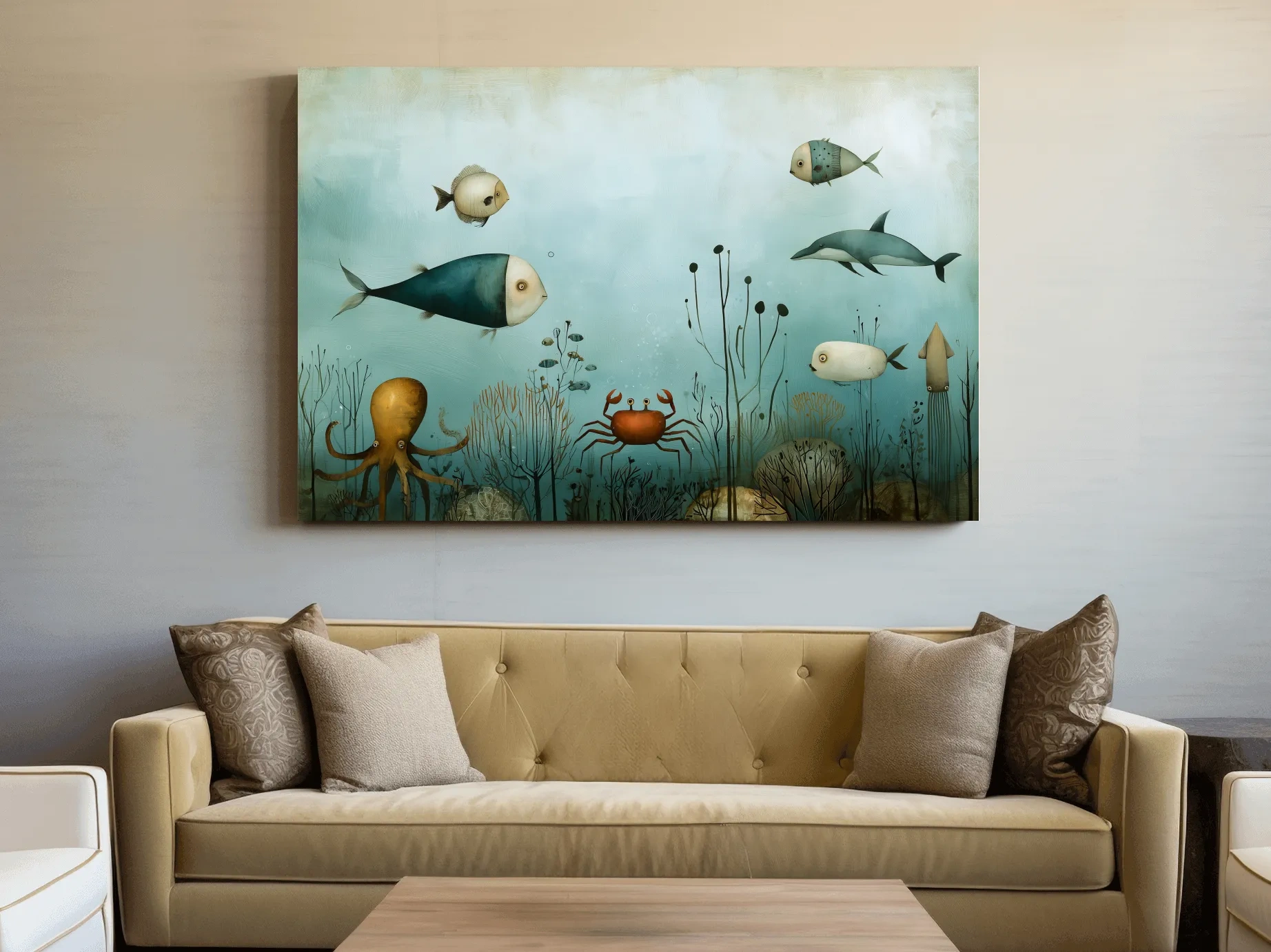 Whimsical Underwater Marine Life Painting - Fish Dolphin Octopus Crab Wall Art